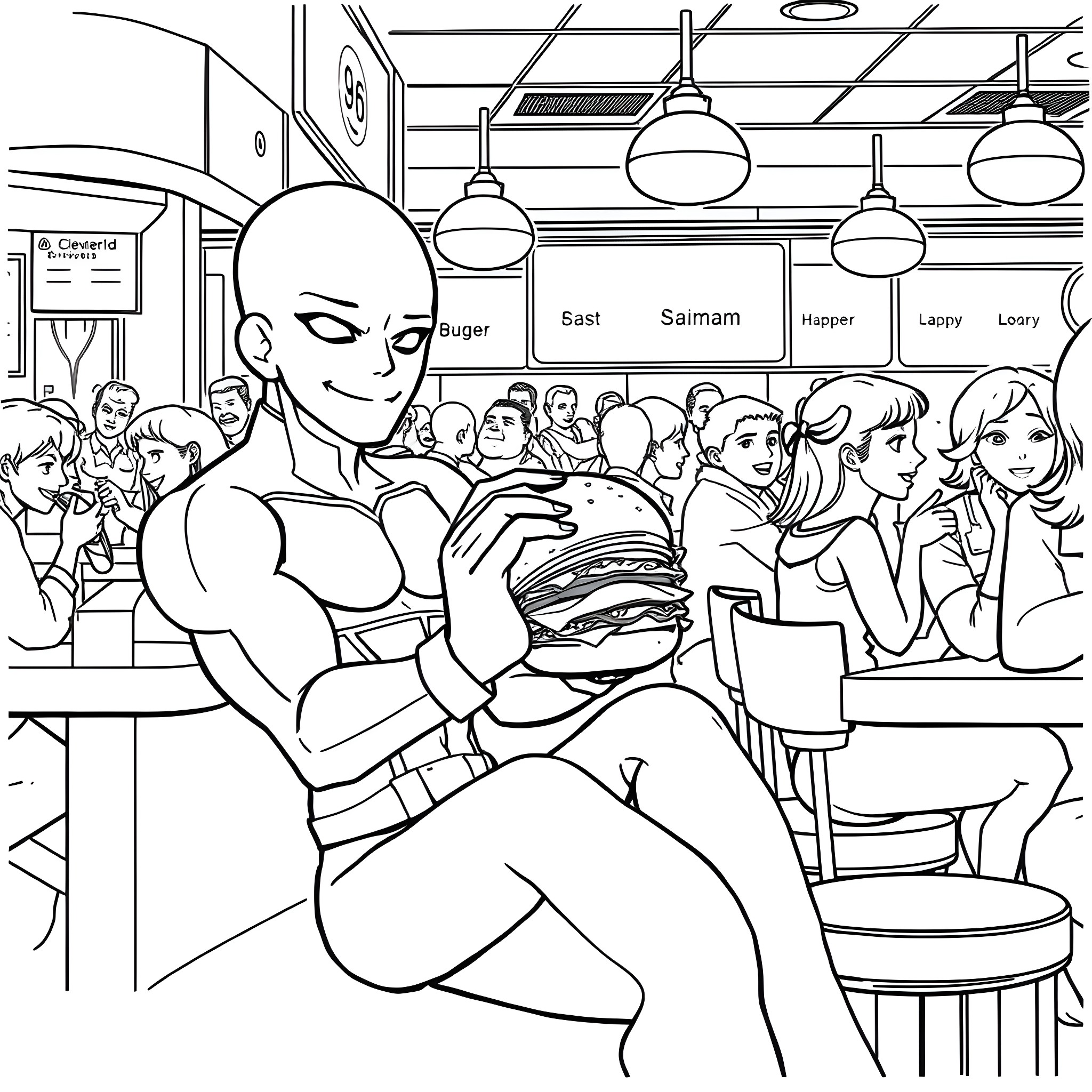 Saitama enjoying a meal at a bustling diner Coloring Page (free black-and-white line drawing printable PDF for all, from beginners to advanced learners, including children, teens, adults, and seniors)