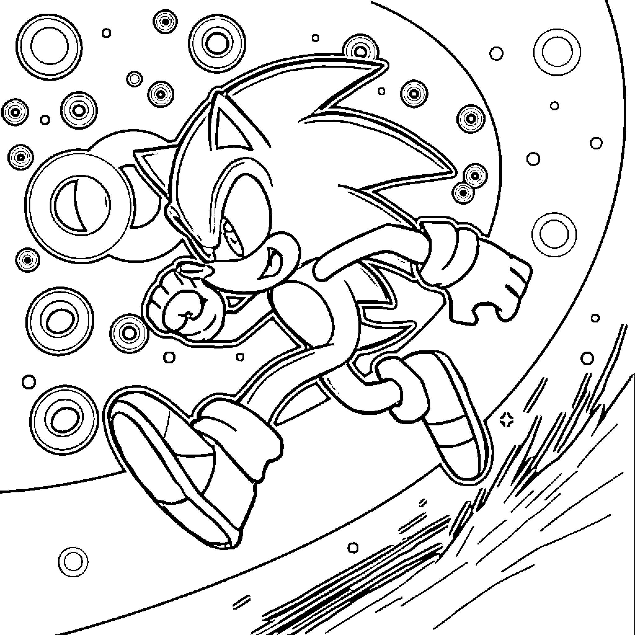 Sonic dashing through a whimsical landscape Coloring Page (free black-and-white line drawing printable PDF for all, from beginners to advanced learners, including children, teens, adults, and seniors)
