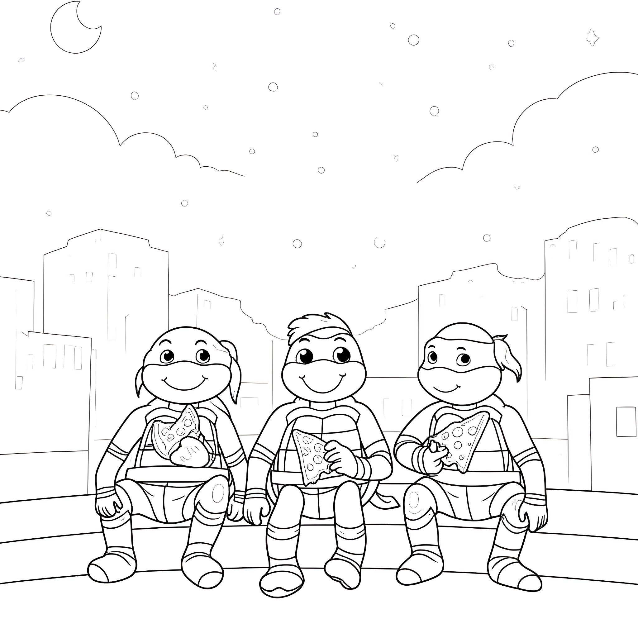 Ninja Turtle heroes relaxing in the city Coloring Page (free black-and-white line drawing printable PDF for all, from beginners to advanced learners, including children, teens, adults, and seniors)