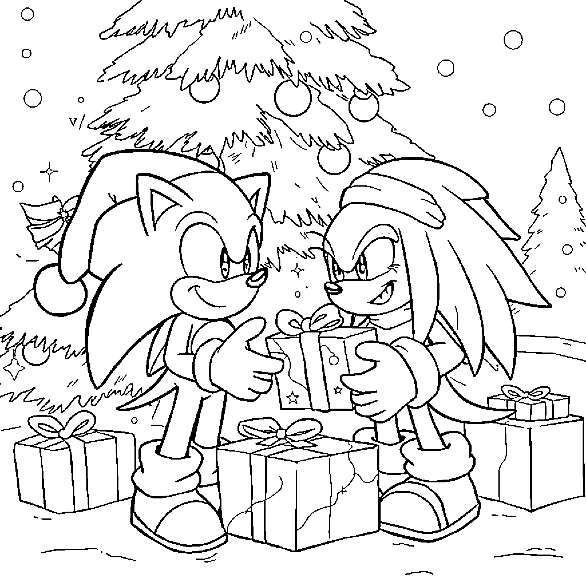 Sonic characters celebrating Christmas together Coloring Page (free black-and-white line drawing printable PDF for all, from beginners to advanced learners, including children, teens, adults, and seniors)