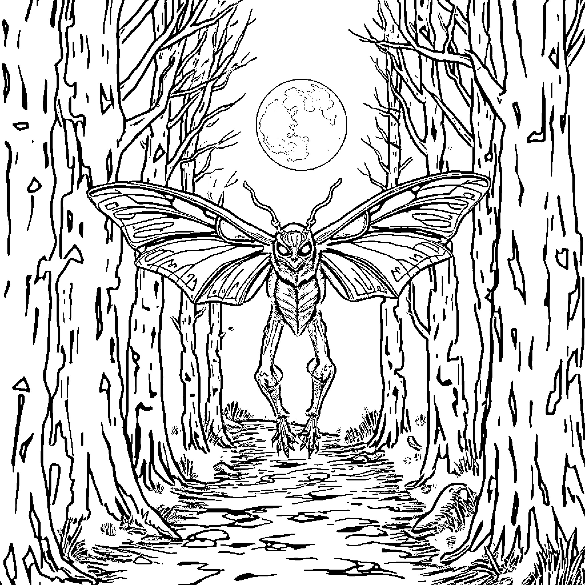 Mothman in the Mysterious Forest Realm Coloring Page (free black-and-white line drawing printable PDF for all, from beginners to advanced learners, including children, teens, adults, and seniors)