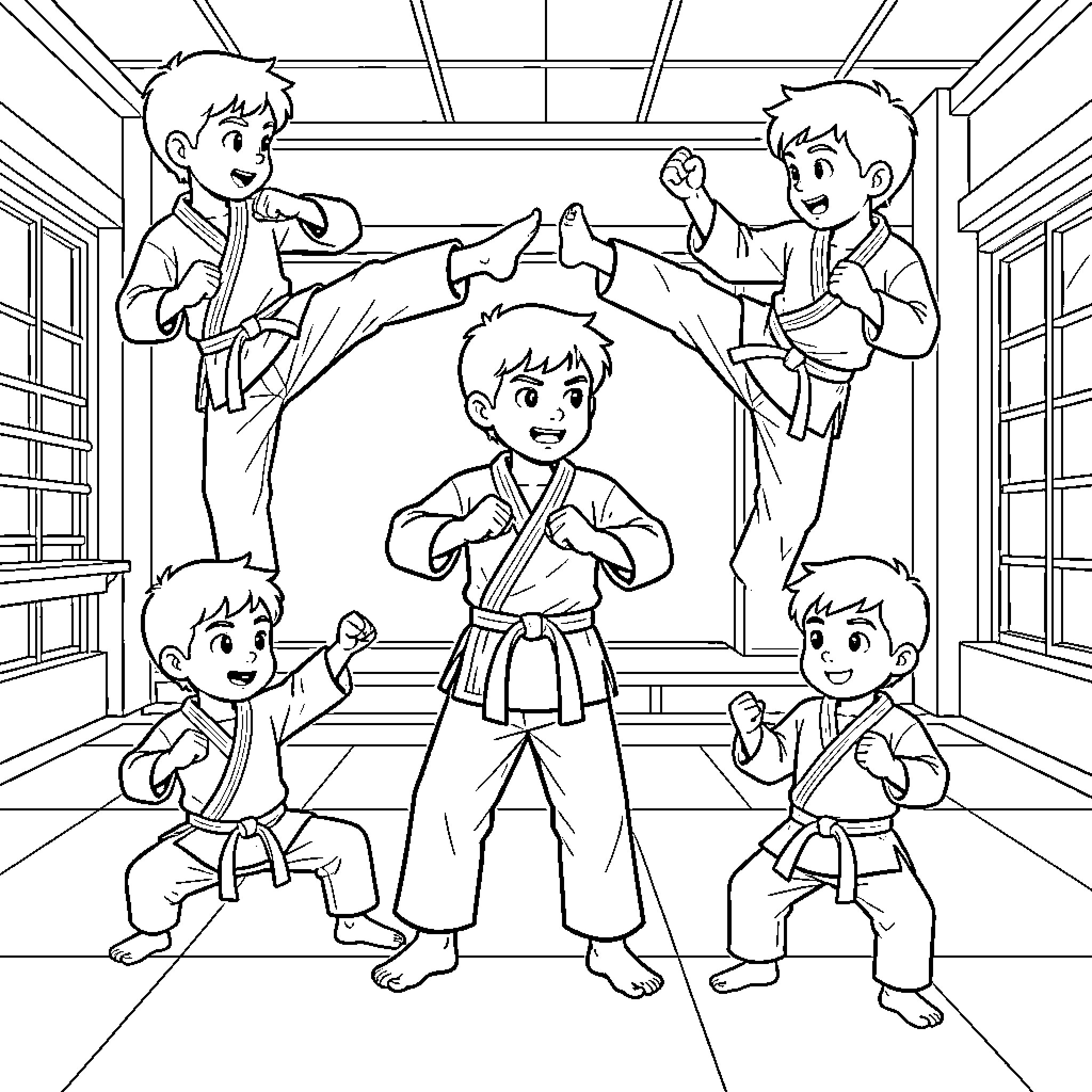 Niño Karateca: Children Practicing Martial Arts Together Coloring Page (free black-and-white line drawing printable PDF for all, from beginners to advanced learners, including children, teens, adults, and seniors)