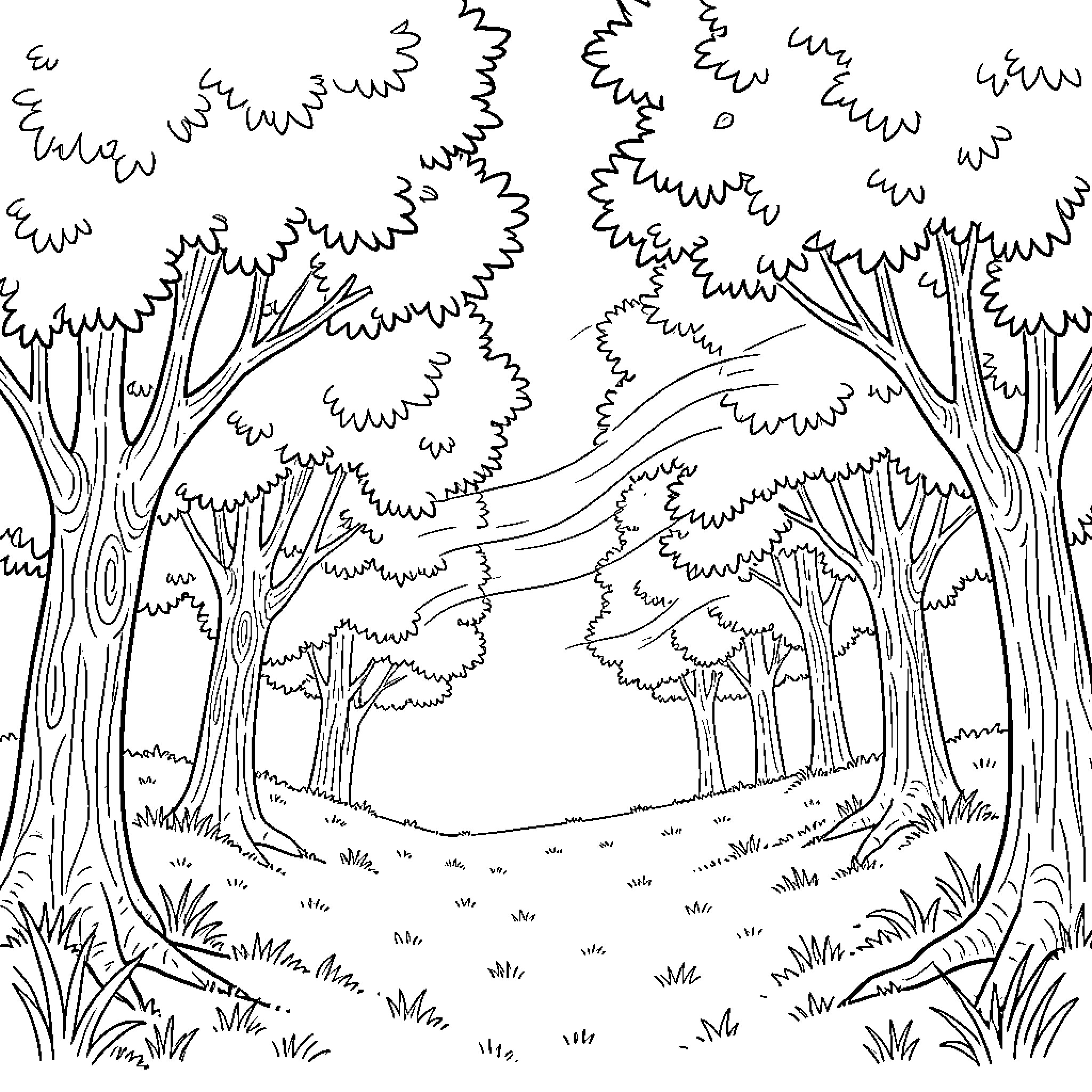 Wind blowing through a dense forest of trees Coloring Page (free black-and-white line drawing printable PDF for all, from beginners to advanced learners, including children, teens, adults, and seniors)