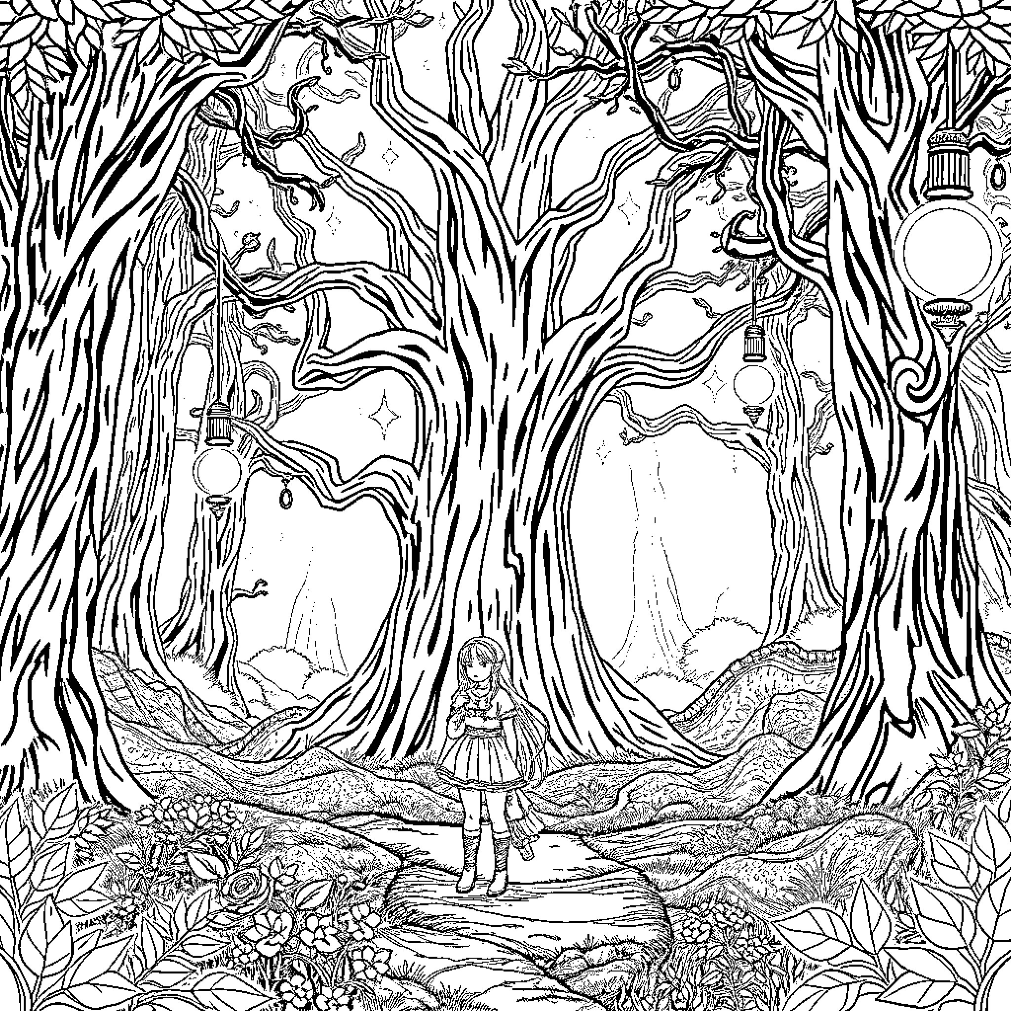 Zelda exploring the enchanted forest Coloring Page (free black-and-white line drawing printable PDF for all, from beginners to advanced learners, including children, teens, adults, and seniors)