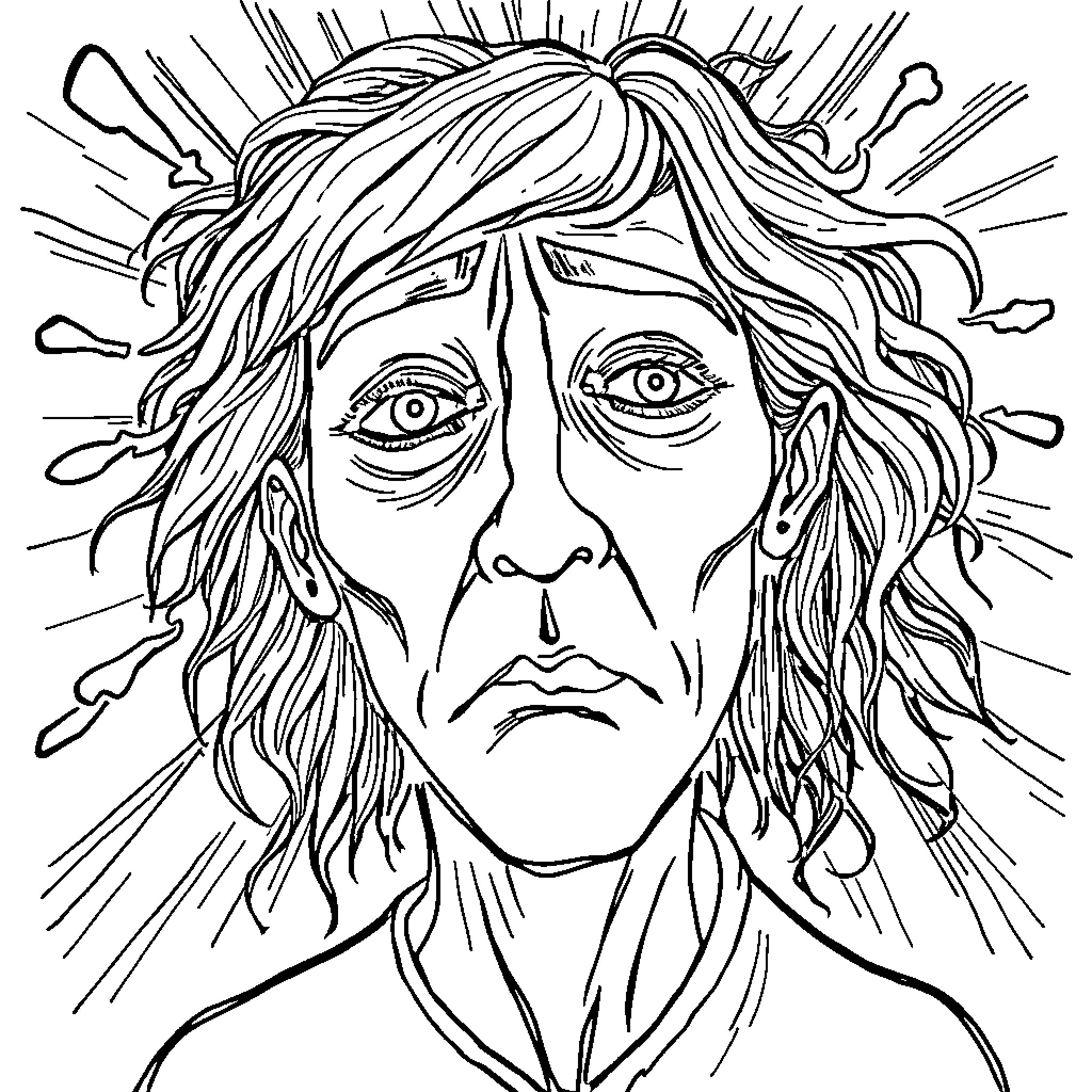 Brainrot - Weathered and Weary Expression Coloring Page (free black-and-white line drawing printable PDF for all, from beginners to advanced learners, including children, teens, adults, and seniors)