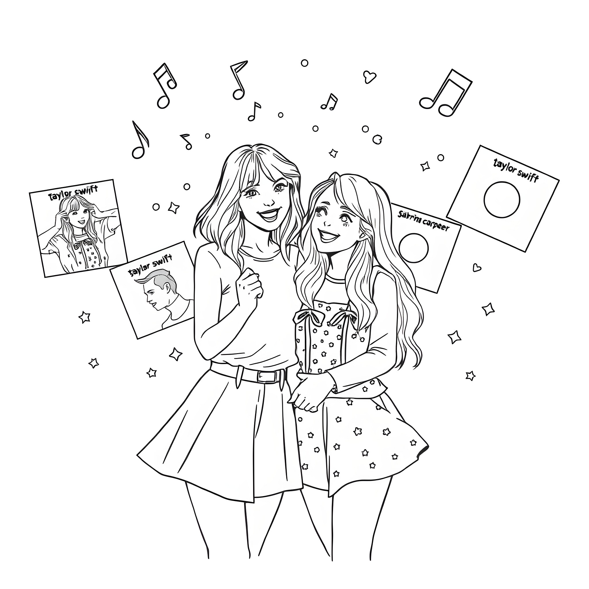 Taylor Swift friends enjoying music together Coloring Page (free black-and-white line drawing printable PDF for all, from beginners to advanced learners, including children, teens, adults, and seniors)