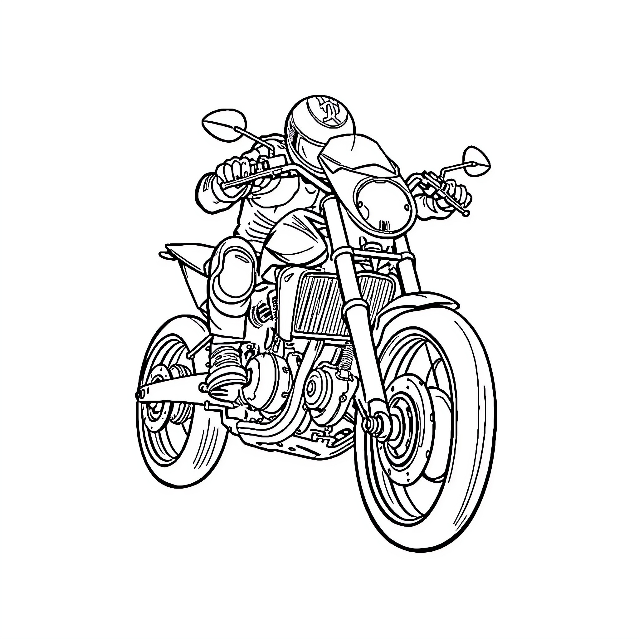 Motorcycle rider in dynamic action pose Coloring Page (free black-and-white line drawing printable PDF for all, from beginners to advanced learners, including children, teens, adults, and seniors)