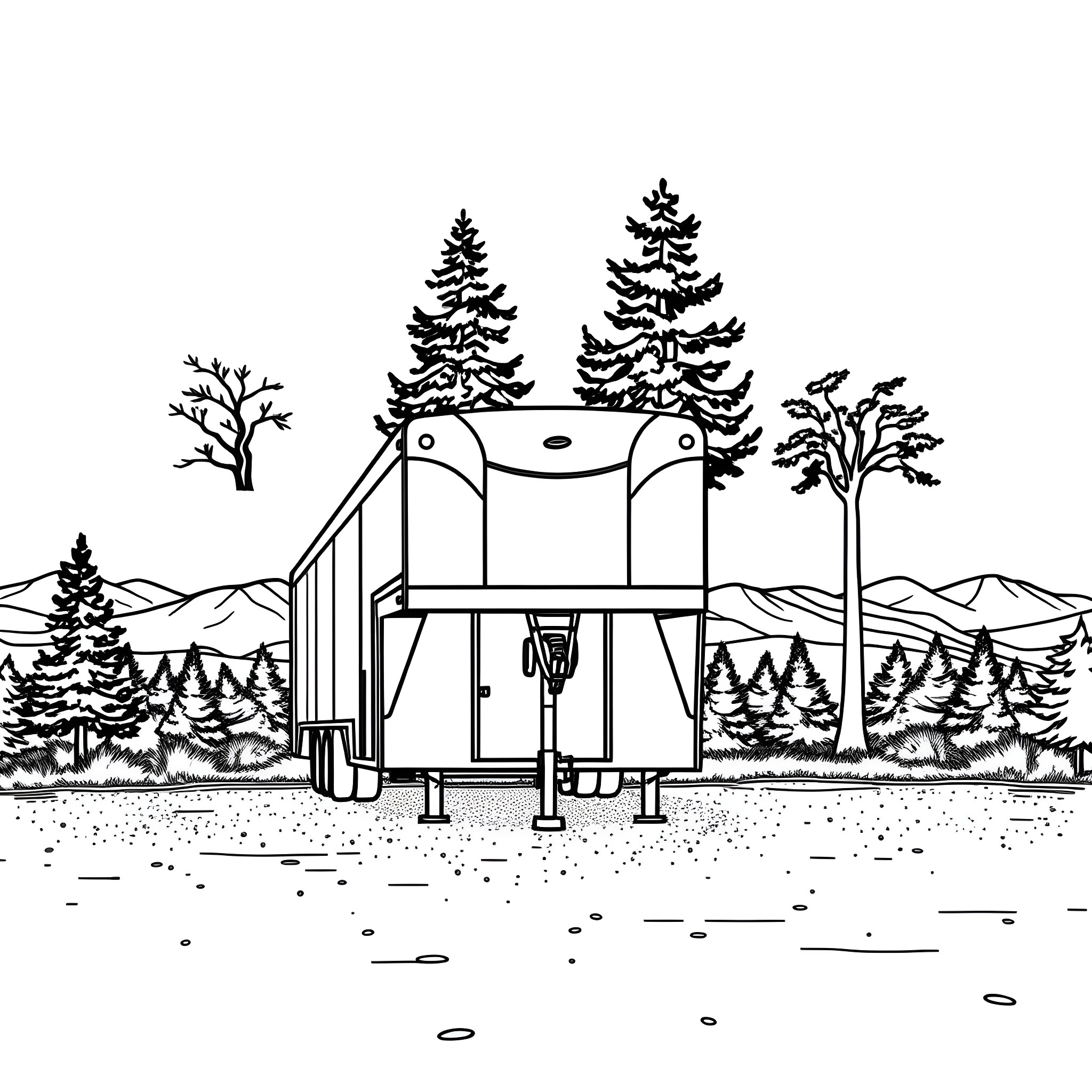 Gooseneck Trailer parked in scenic mountain landscape Coloring Page (free black-and-white line drawing printable PDF for all, from beginners to advanced learners, including children, teens, adults, and seniors)