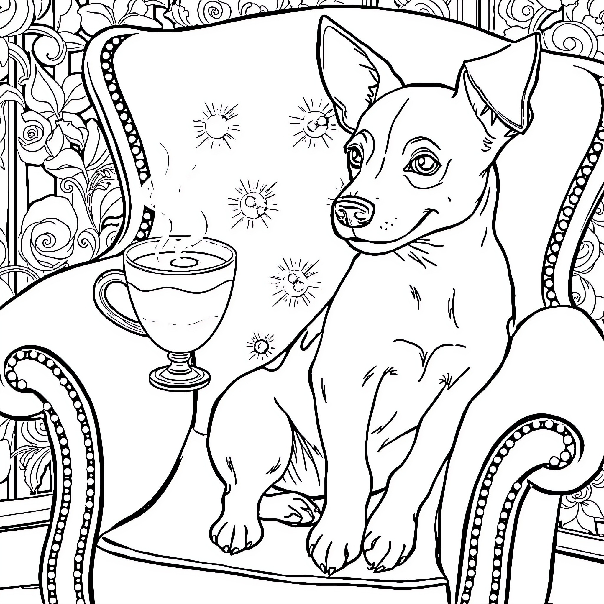 Jack Russell Terrier enjoying coffee in a cozy chair Coloring Page (free black-and-white line drawing printable PDF for all, from beginners to advanced learners, including children, teens, adults, and seniors)