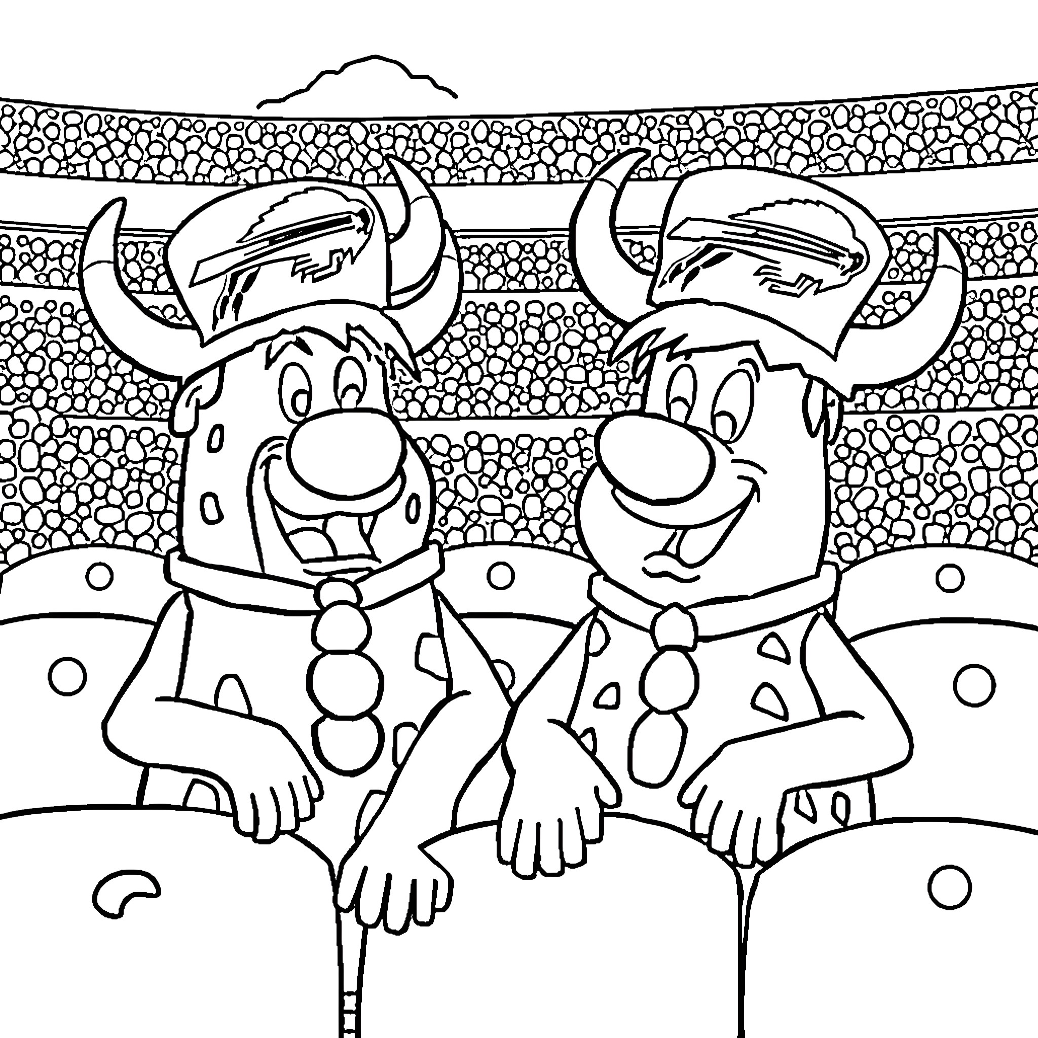 Fred Flintstone and Barney Rubble Enjoying a Show Coloring Page (free black-and-white line drawing printable PDF for all, from beginners to advanced learners, including children, teens, adults, and seniors)