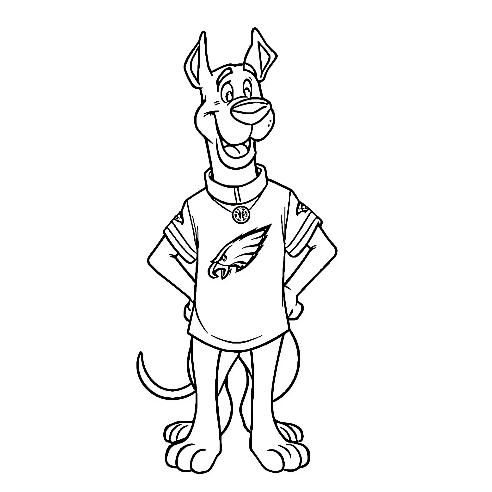 Scooby Doo in a sports jersey with logo Coloring Page (free black-and-white line drawing printable PDF for all, from beginners to advanced learners, including children, teens, adults, and seniors)