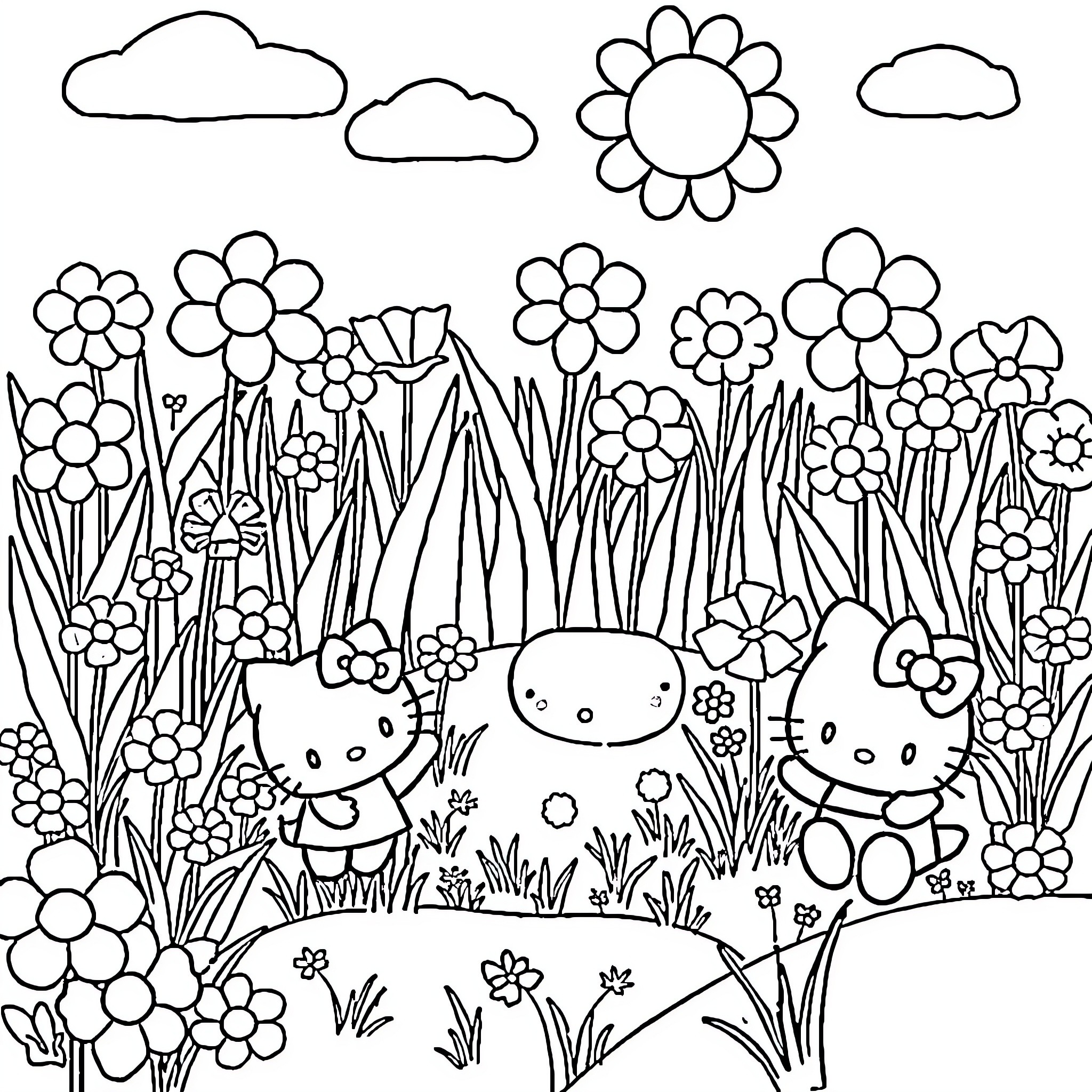 Sanrio Characters Exploring Floral Garden Coloring Page (free black-and-white line drawing printable PDF for all, from beginners to advanced learners, including children, teens, adults, and seniors)