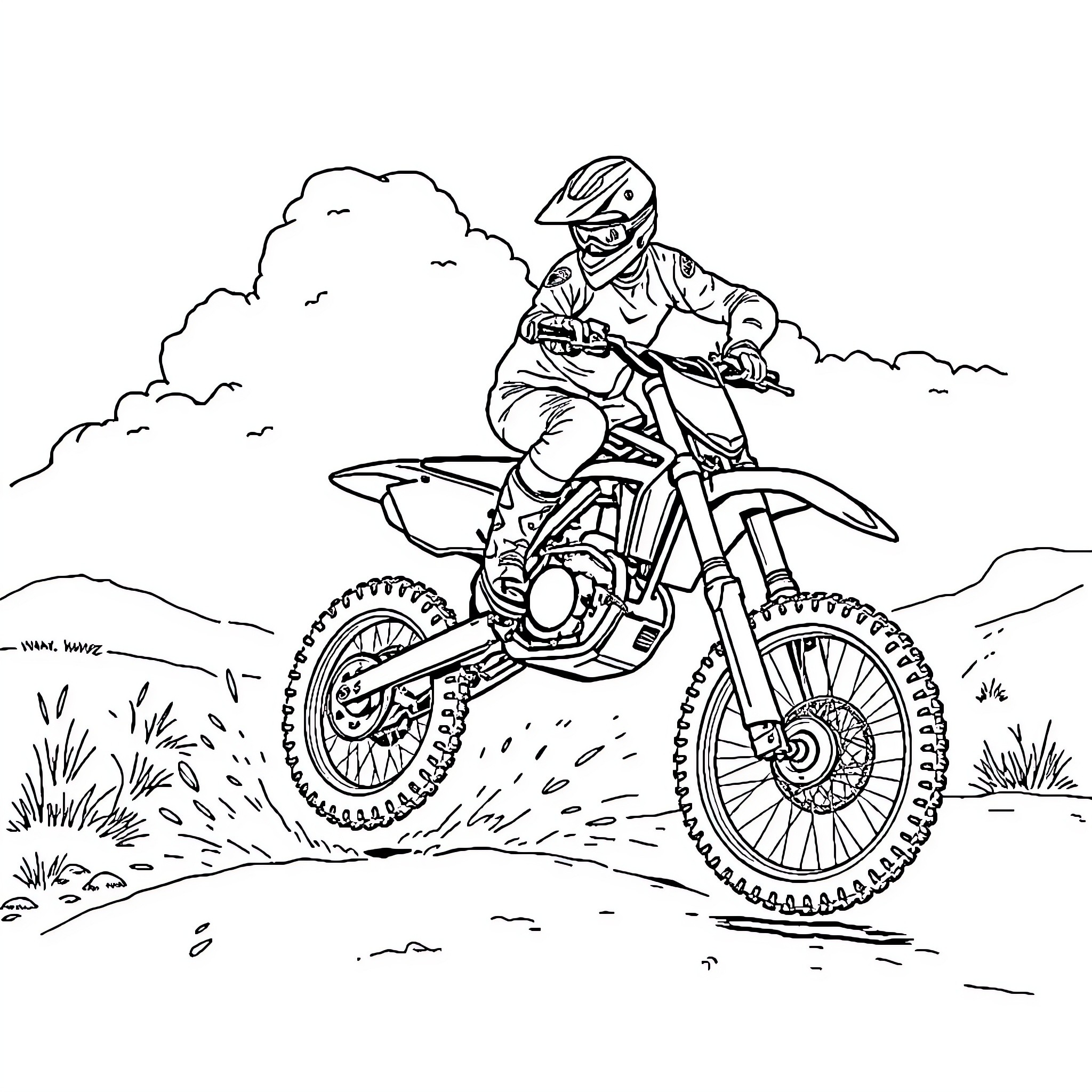 Dirtbike racer speeding through rugged terrain Coloring Page (free black-and-white line drawing printable PDF for all, from beginners to advanced learners, including children, teens, adults, and seniors)