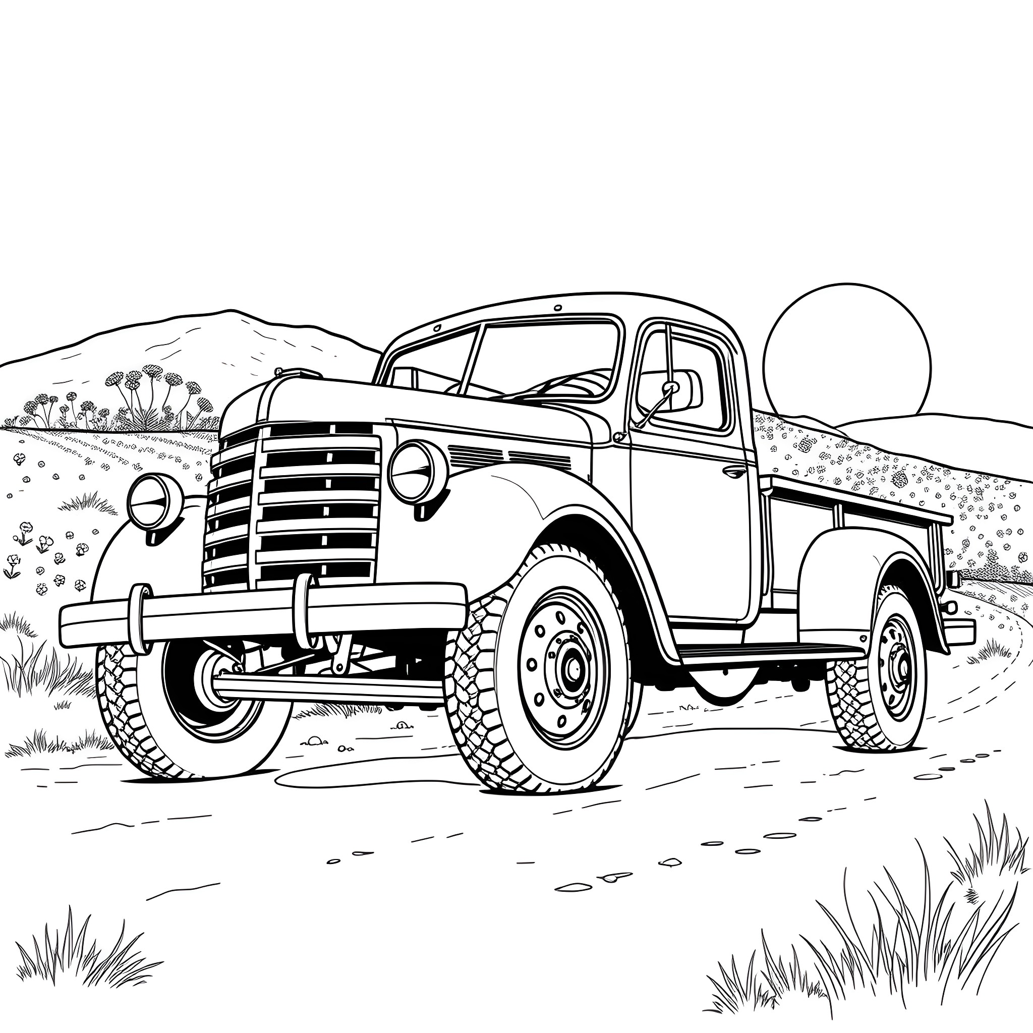 Truck driving through the countryside Coloring Page (free black-and-white line drawing printable PDF for all, from beginners to advanced learners, including children, teens, adults, and seniors)