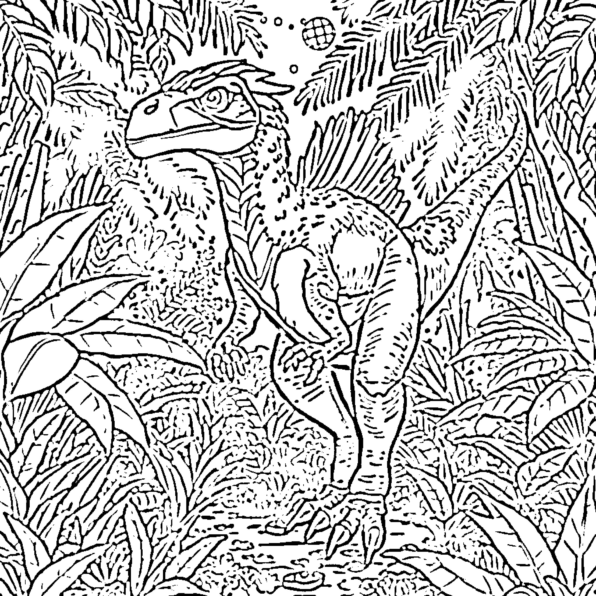 Raptor in the Lush Jungle Foliage Coloring Page (free black-and-white line drawing printable PDF for all, from beginners to advanced learners, including children, teens, adults, and seniors)