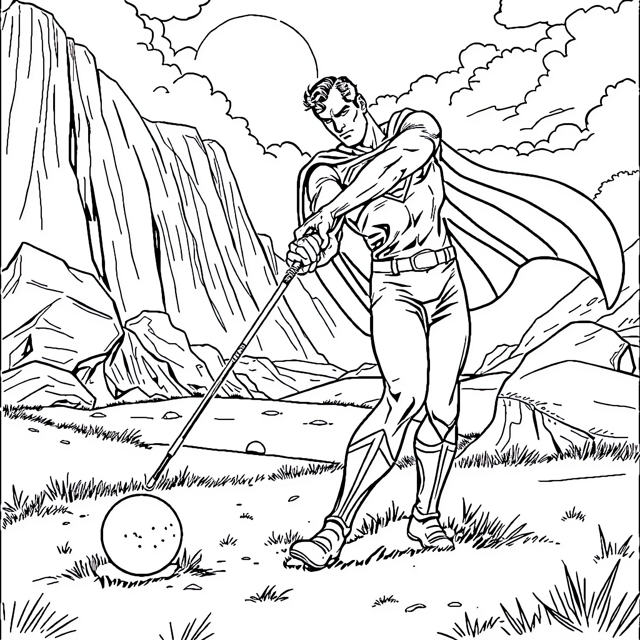 Superman standing heroically in nature Coloring Page (free black-and-white line drawing printable PDF for all, from beginners to advanced learners, including children, teens, adults, and seniors)