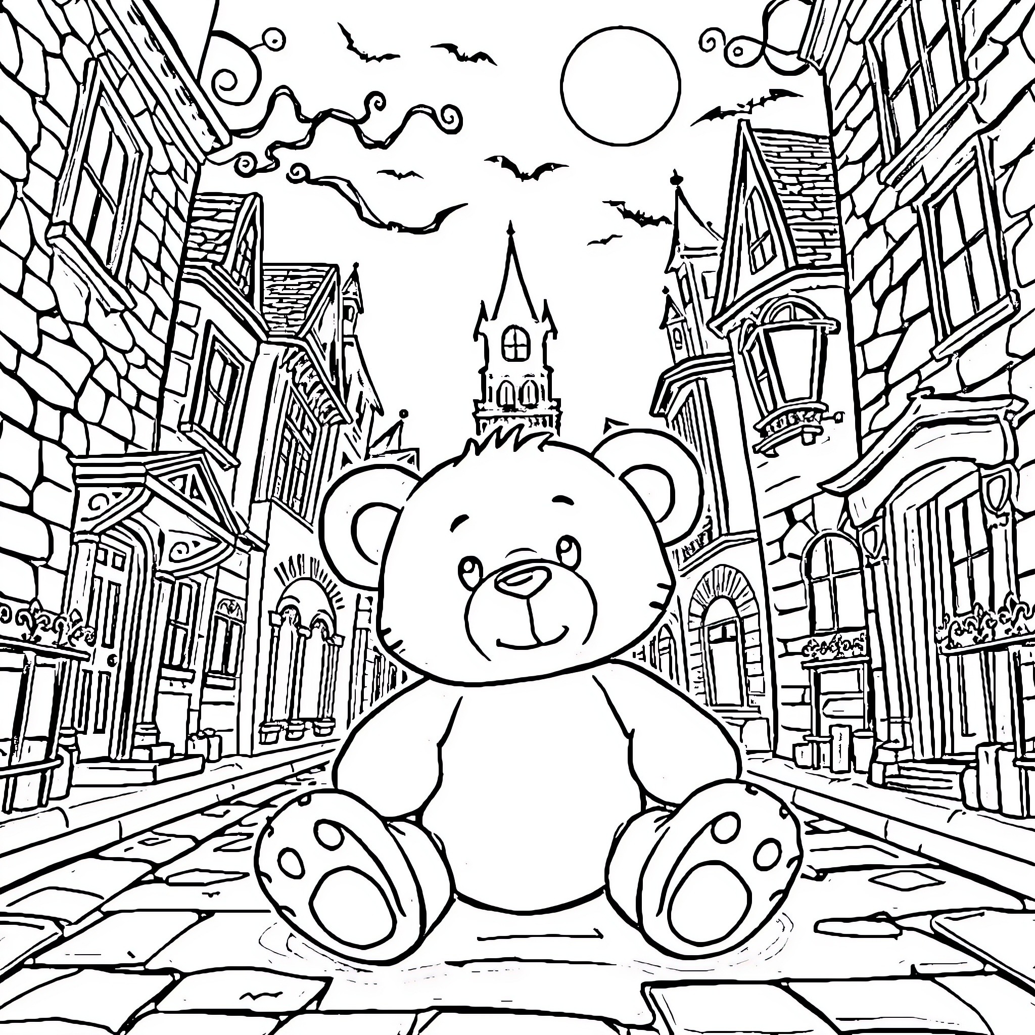 Teddy Bear Exploring Spooky Halloween Town Coloring Page (free black-and-white line drawing printable PDF for all, from beginners to advanced learners, including children, teens, adults, and seniors)