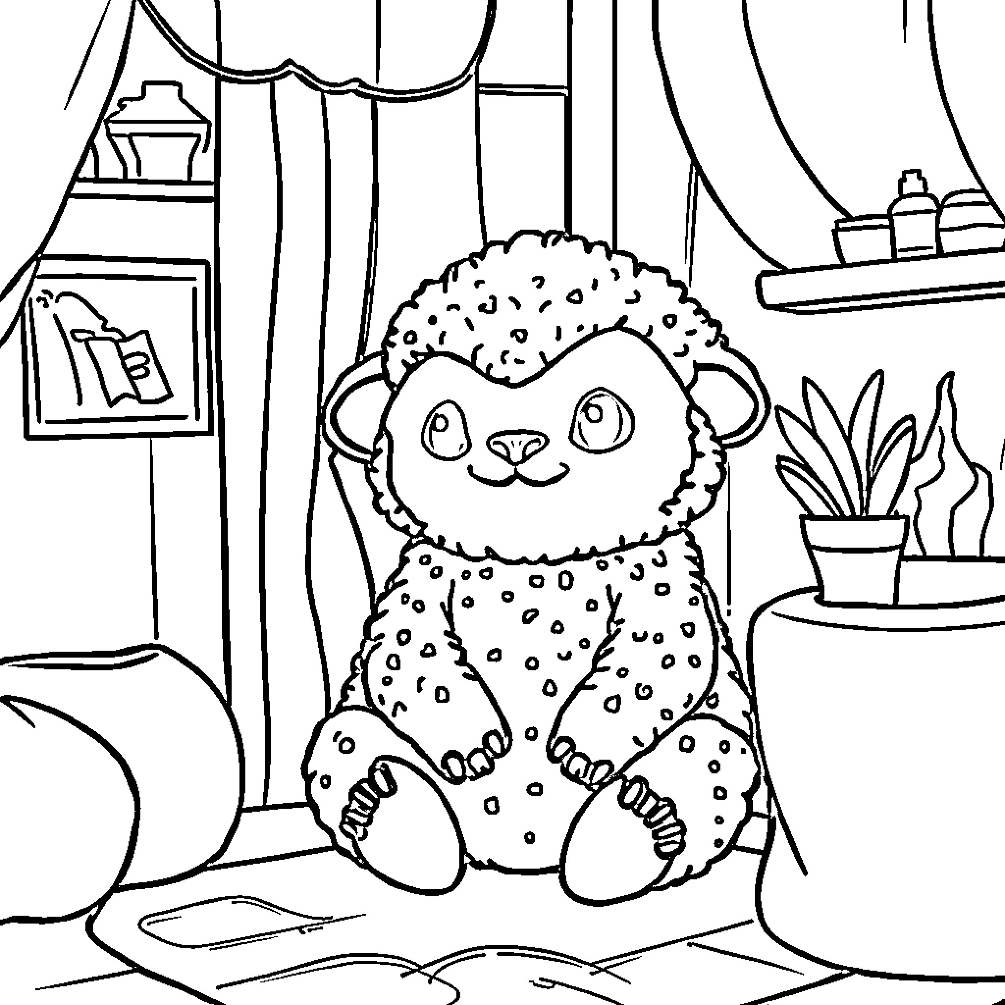 Labubu the Cute Plush Toy in Cozy Room Coloring Page (free black-and-white line drawing printable PDF for all, from beginners to advanced learners, including children, teens, adults, and seniors)