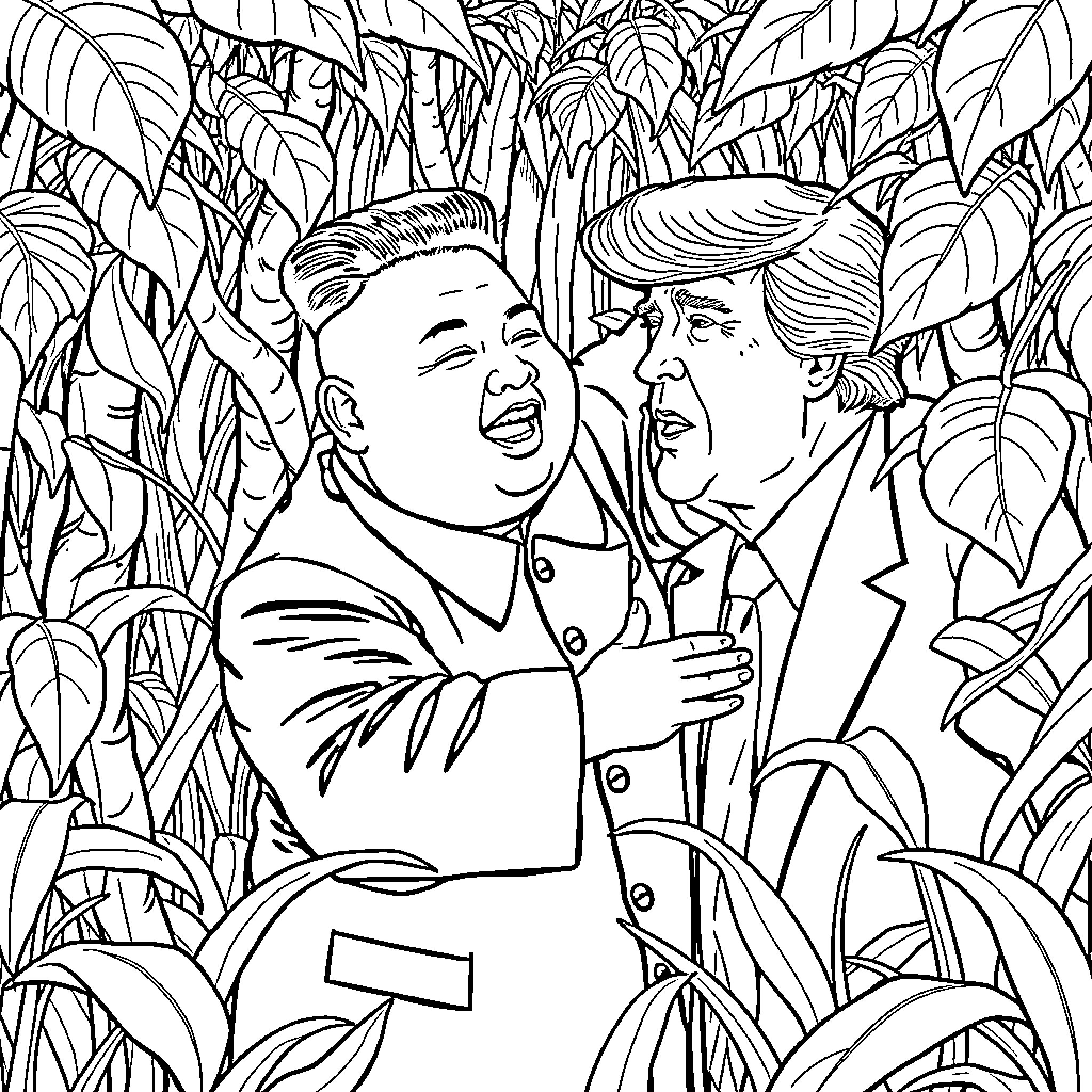 Kim and Trump in tense encounter amid foliage Coloring Page (free black-and-white line drawing printable PDF for all, from beginners to advanced learners, including children, teens, adults, and seniors)