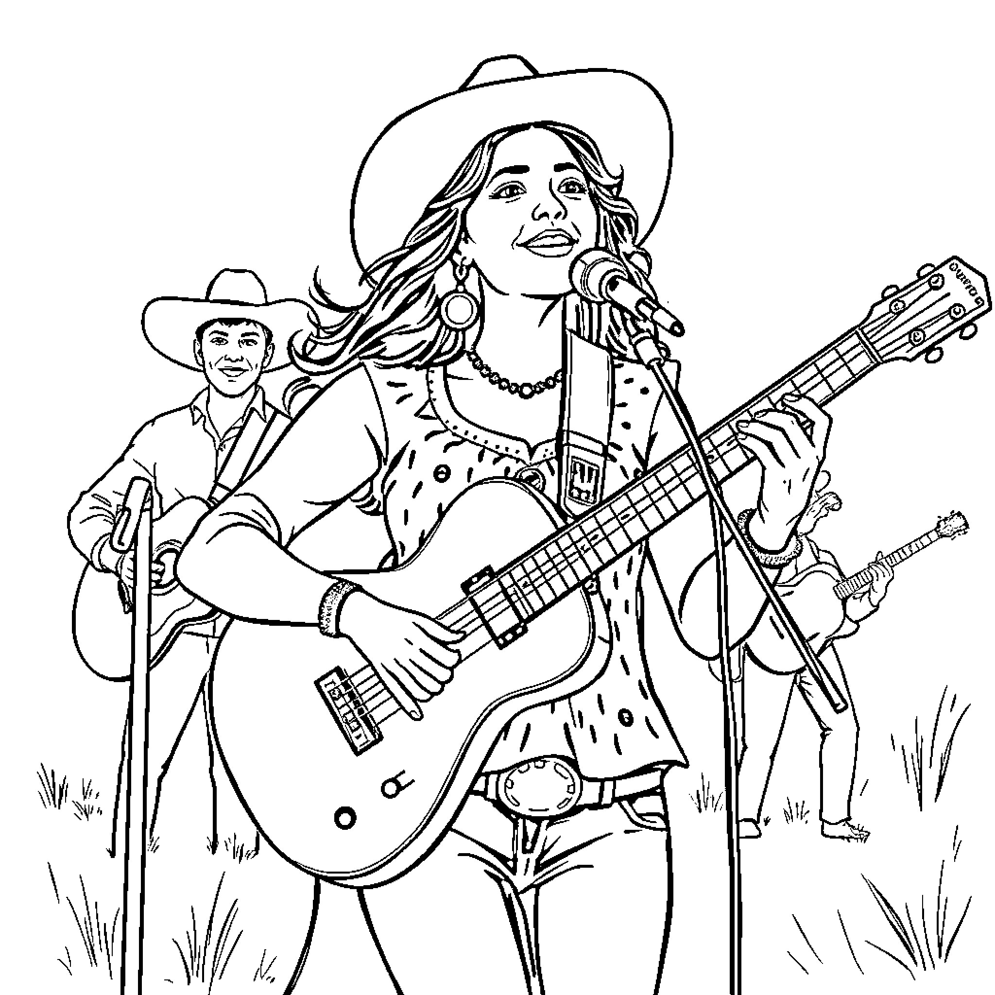 Denise Cardona Santos performing with cowboy on stage Coloring Page (free black-and-white line drawing printable PDF for all, from beginners to advanced learners, including children, teens, adults, and seniors)