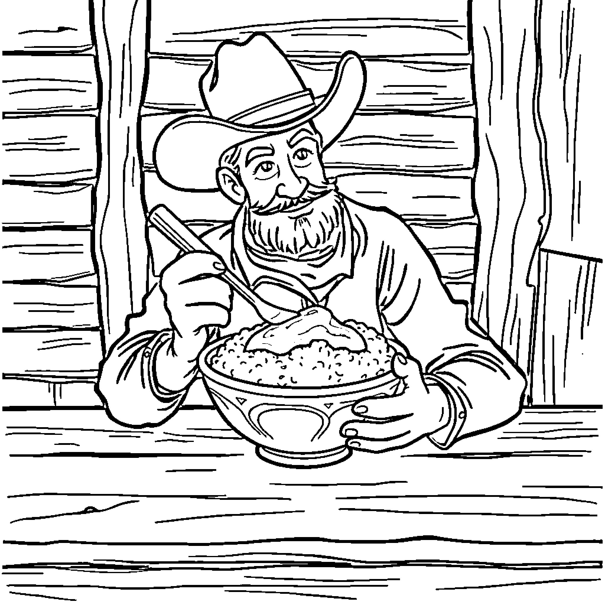 Cowboy enjoying a hearty meal in a rustic cabin Coloring Page (free black-and-white line drawing printable PDF for all, from beginners to advanced learners, including children, teens, adults, and seniors)