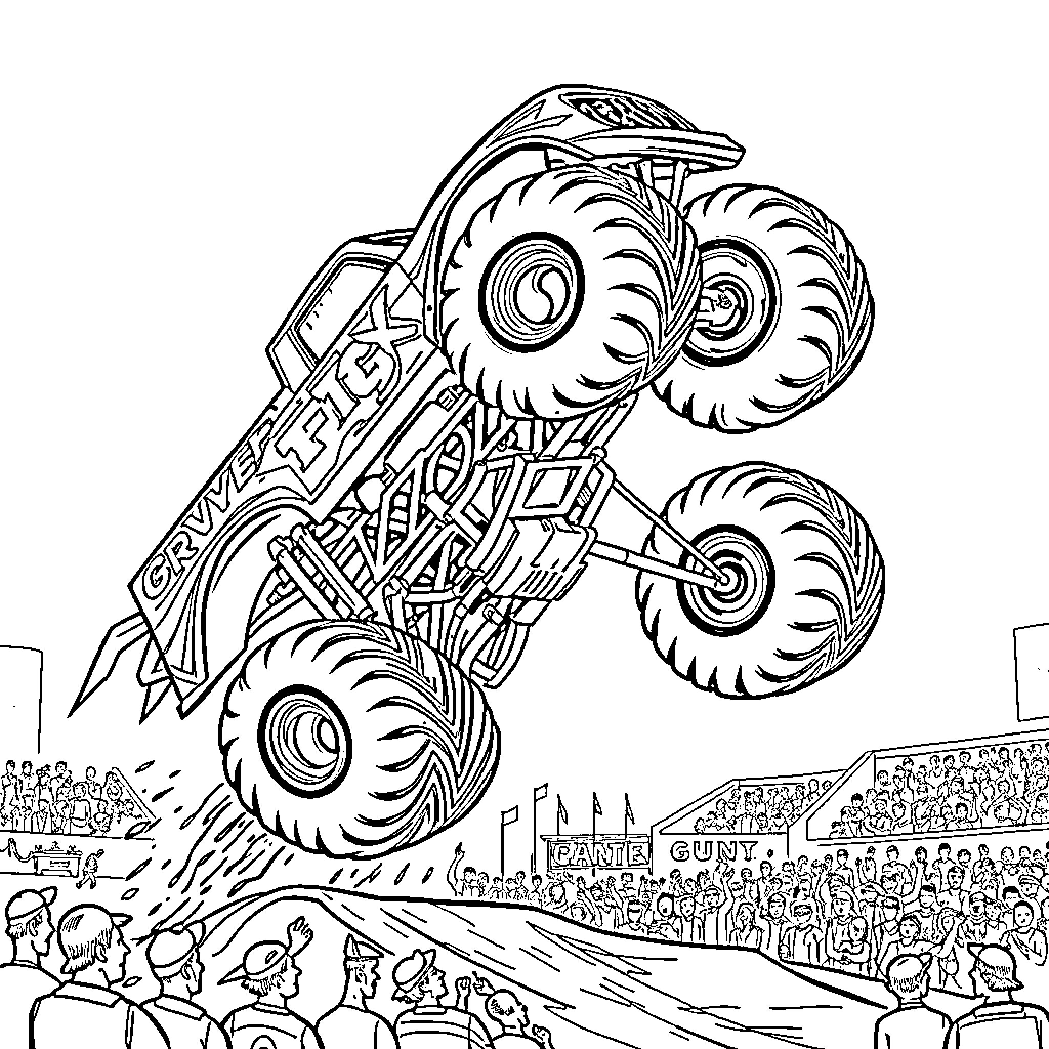 Monster Truck Performing Stunts in Front of Cheering Crowd Coloring Page (free black-and-white line drawing printable PDF for all, from beginners to advanced learners, including children, teens, adults, and seniors)