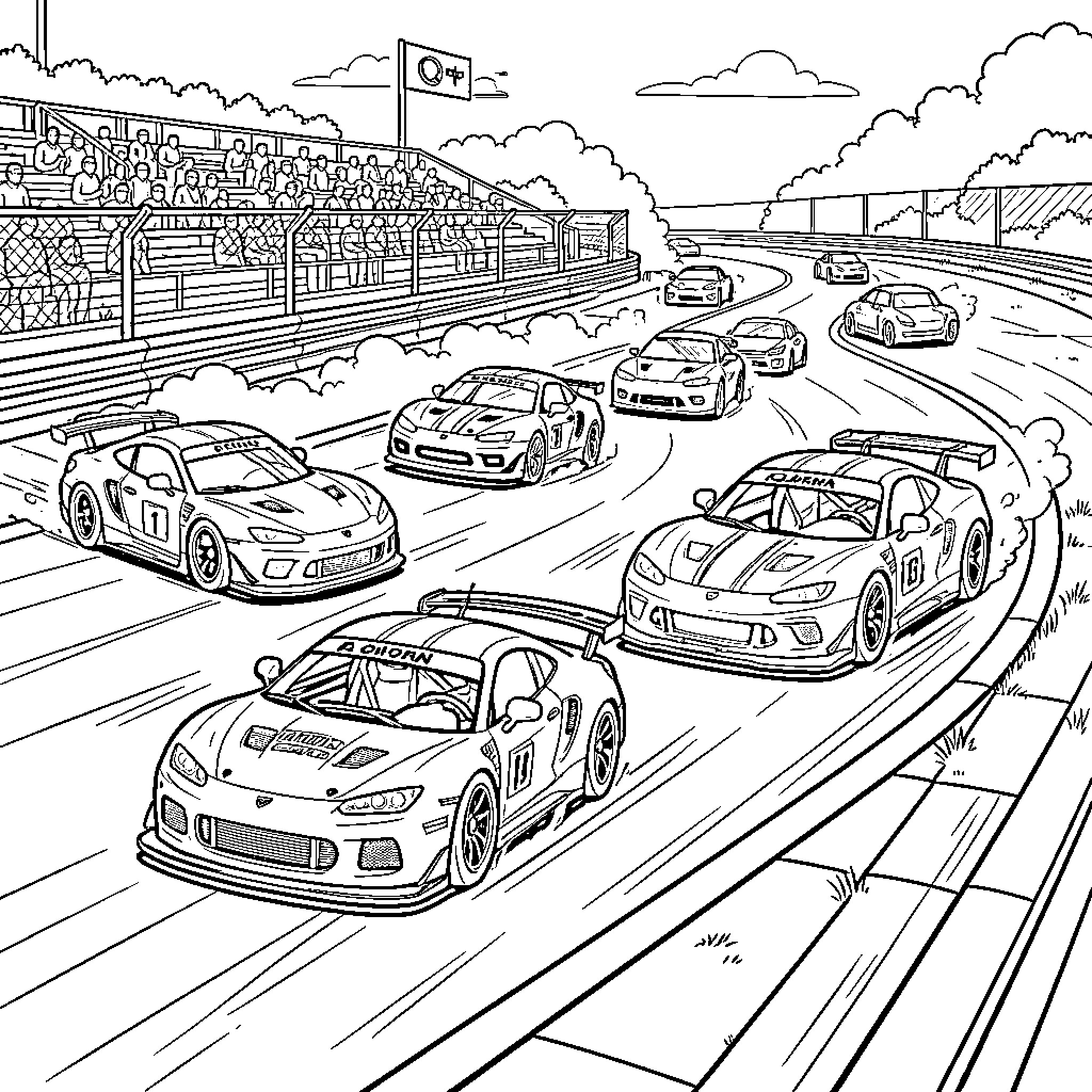 Race Cars Speeding on the Racetrack Coloring Page (free black-and-white line drawing printable PDF for all, from beginners to advanced learners, including children, teens, adults, and seniors)