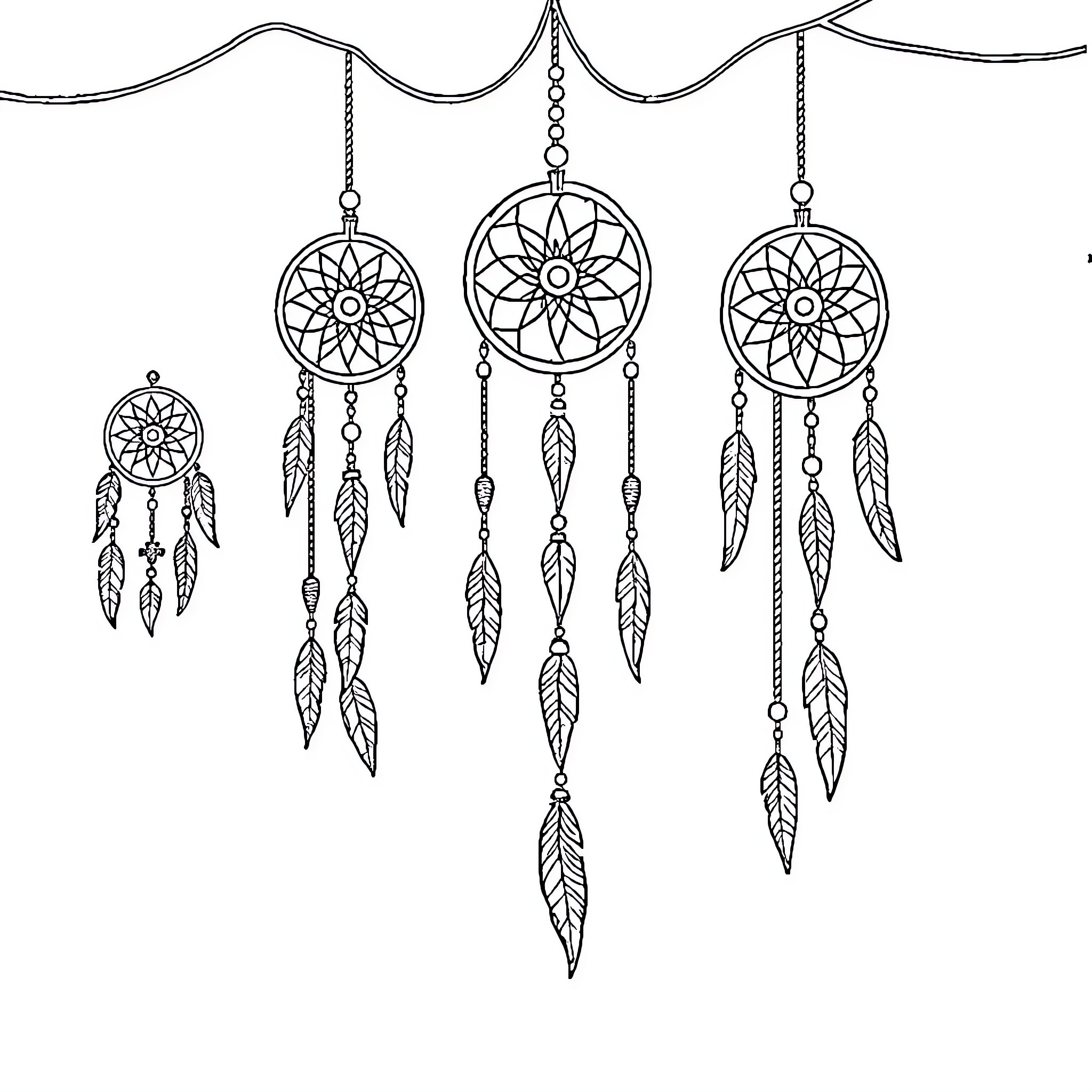 Dream Catcher with Hanging Feathers and Charms Coloring Page (free black-and-white line drawing printable PDF for all, from beginners to advanced learners, including children, teens, adults, and seniors)