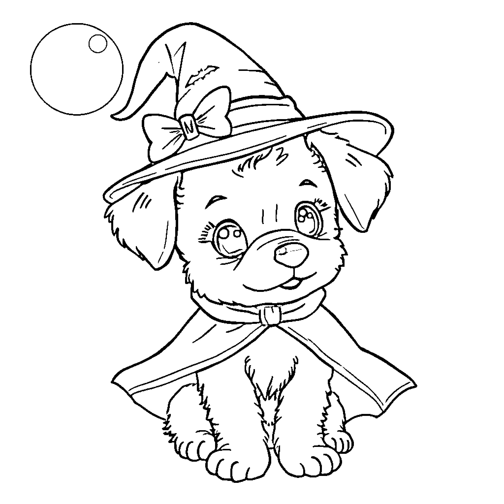 Puppy wearing a witch hat and scarf Coloring Page (free black-and-white line drawing printable PDF for all, from beginners to advanced learners, including children, teens, adults, and seniors)