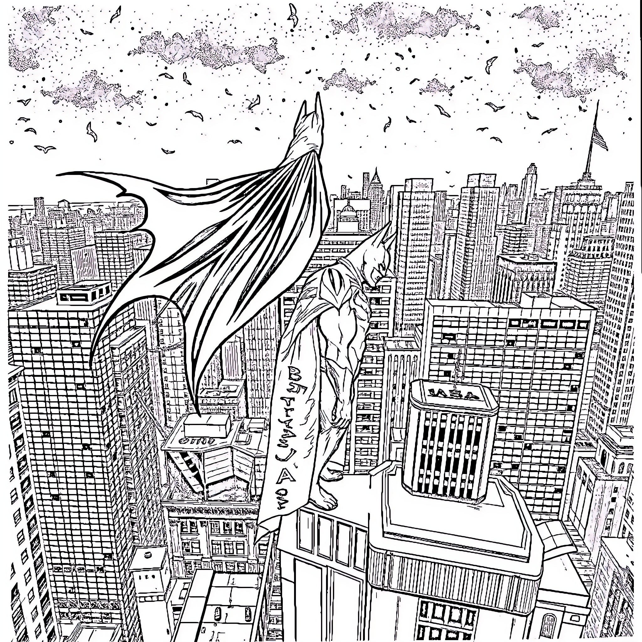Batman soaring over the bustling city skyline Coloring Page (free black-and-white line drawing printable PDF for all, from beginners to advanced learners, including children, teens, adults, and seniors)