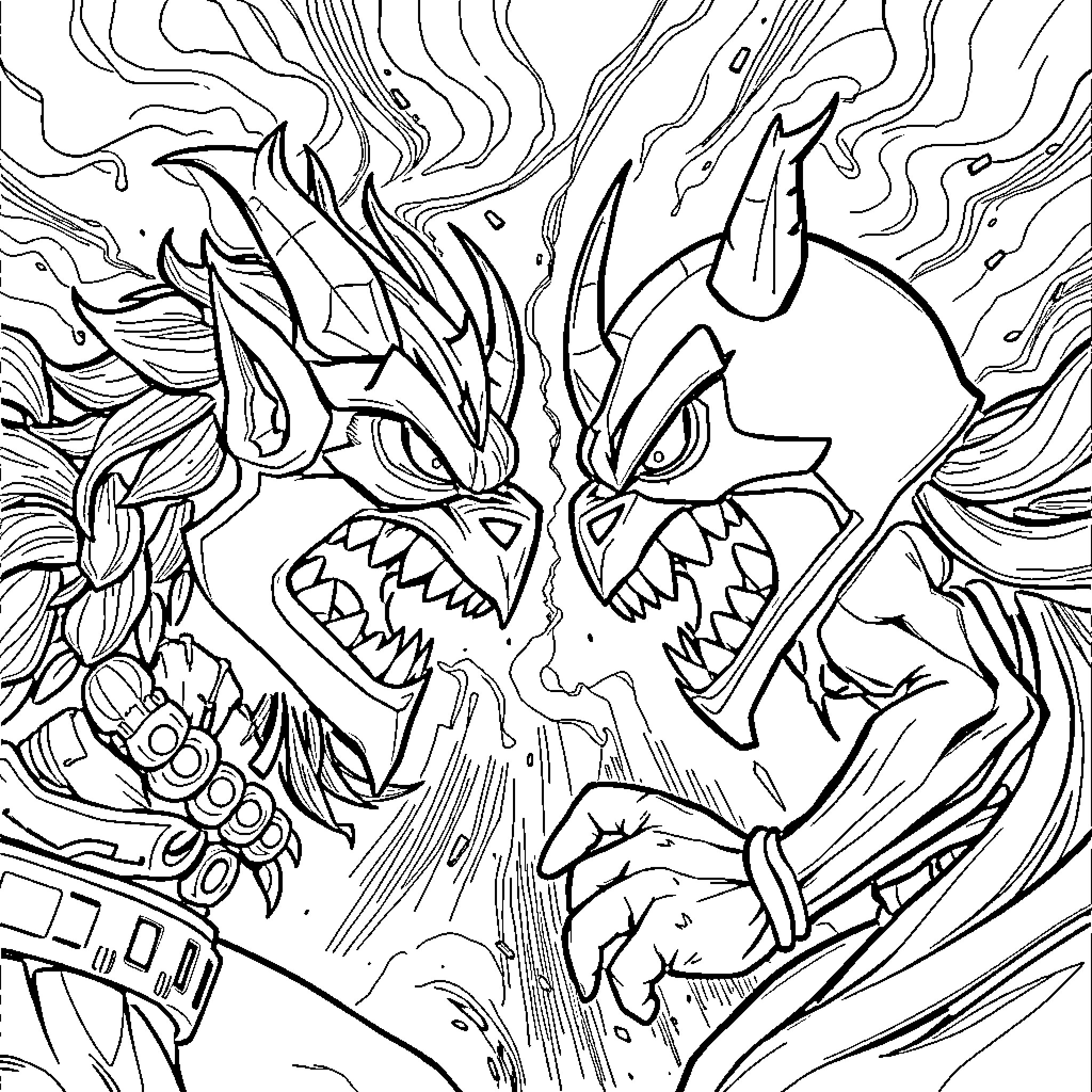 Enjin's Ferocious Battle Illustration Coloring Page (free black-and-white line drawing printable PDF for all, from beginners to advanced learners, including children, teens, adults, and seniors)