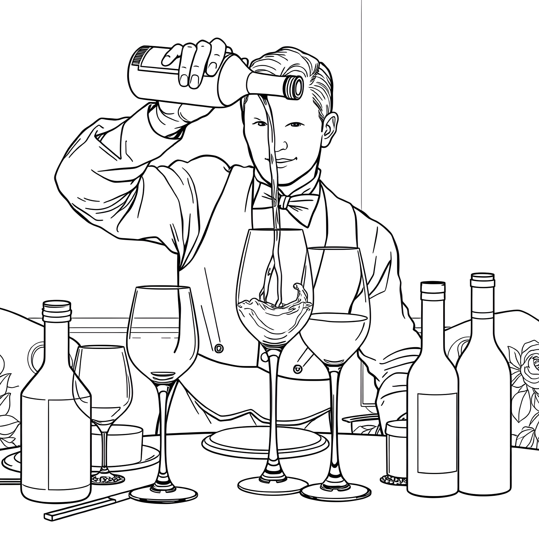 Sommelier examining wine with enthusiasm Coloring Page (free black-and-white line drawing printable PDF for all, from beginners to advanced learners, including children, teens, adults, and seniors)