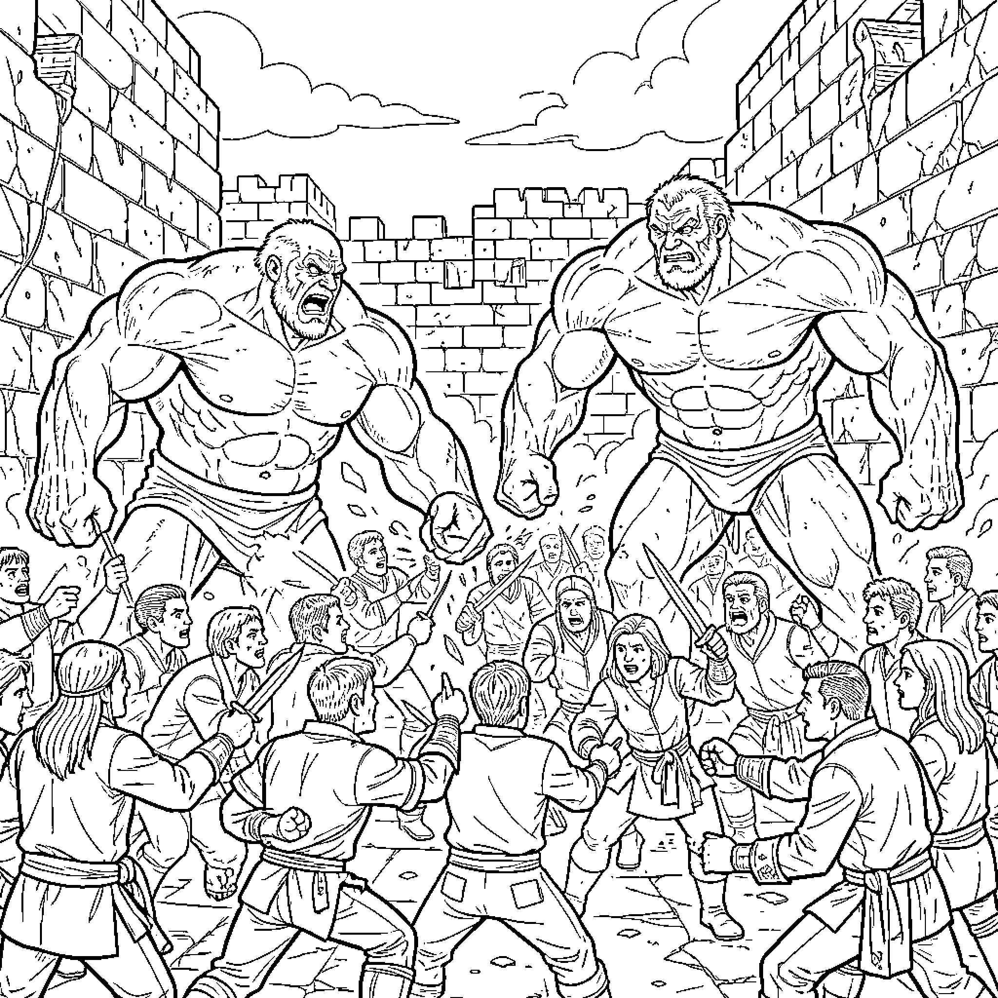 Titan giants battling a group of brave warriors Coloring Page (free black-and-white line drawing printable PDF for all, from beginners to advanced learners, including children, teens, adults, and seniors)
