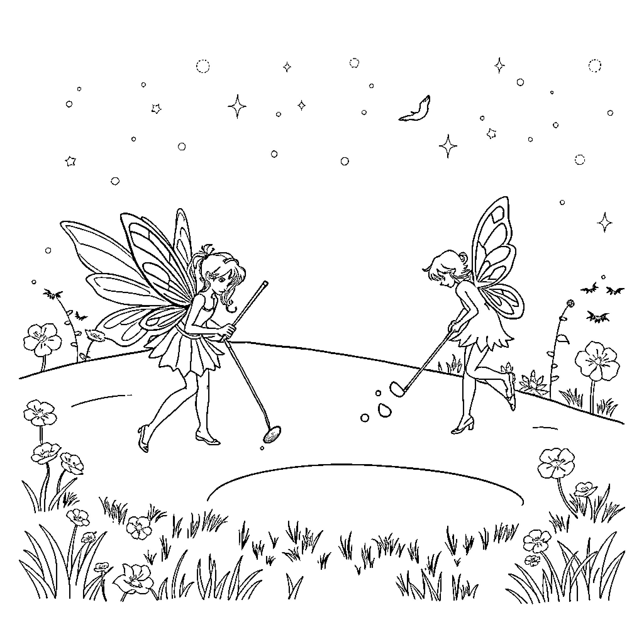 Fairy friends frolicking in the enchanted meadow Coloring Page (free black-and-white line drawing printable PDF for all, from beginners to advanced learners, including children, teens, adults, and seniors)