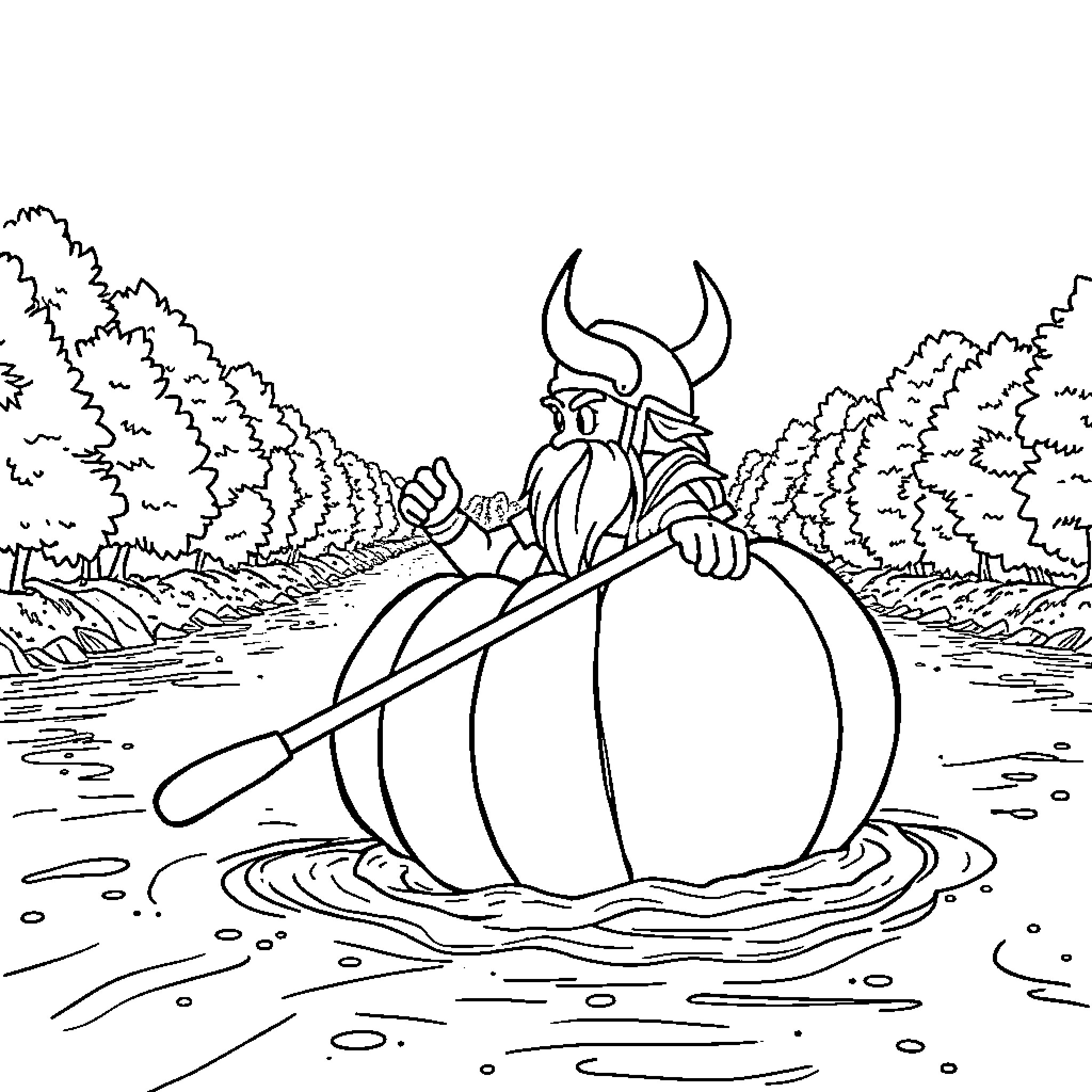 Vikings exploring the wild waterways and forests Coloring Page (free black-and-white line drawing printable PDF for all, from beginners to advanced learners, including children, teens, adults, and seniors)