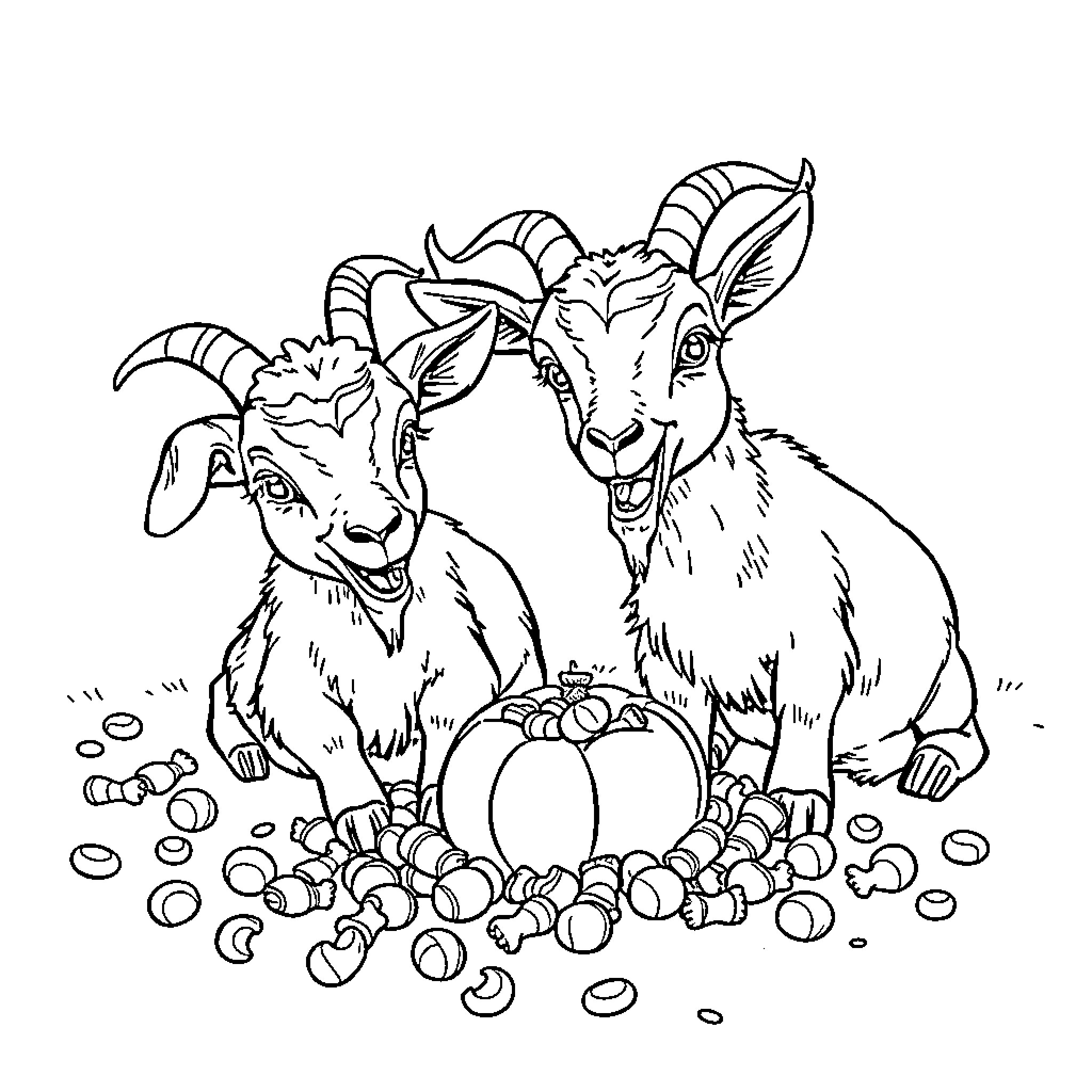 Goats interacting with autumn harvest Coloring Page (free black-and-white line drawing printable PDF for all, from beginners to advanced learners, including children, teens, adults, and seniors)