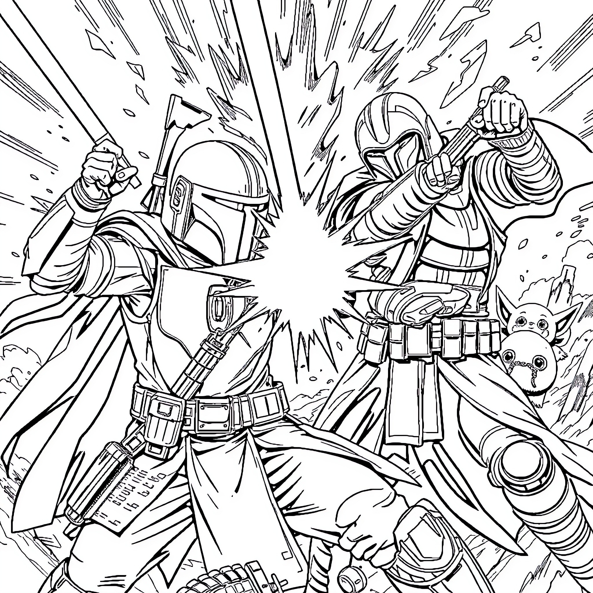 Mandalorian warriors in intense combat Coloring Page (free black-and-white line drawing printable PDF for all, from beginners to advanced learners, including children, teens, adults, and seniors)