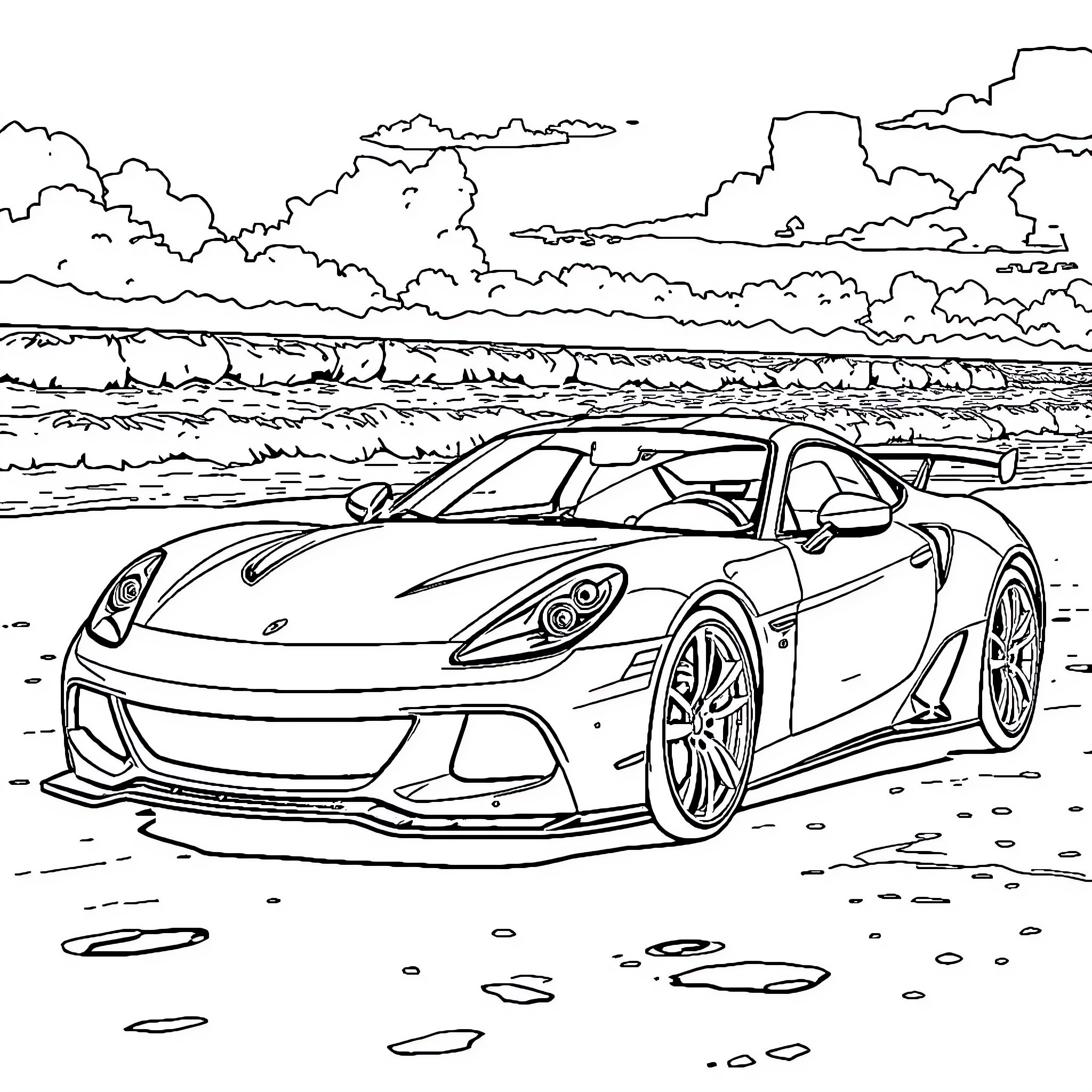Sports Car speeding through scenic landscape Coloring Page (free black-and-white line drawing printable PDF for all, from beginners to advanced learners, including children, teens, adults, and seniors)