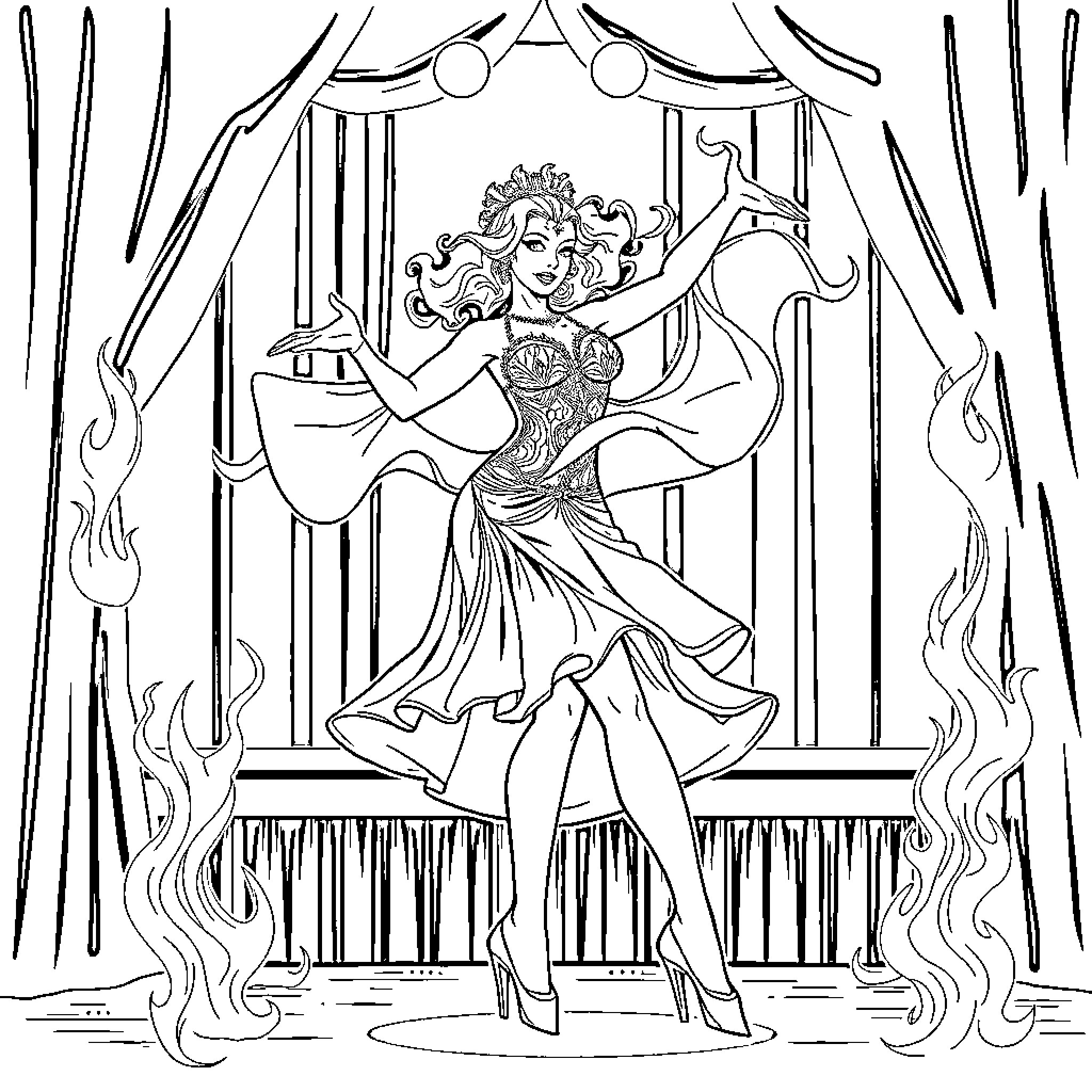 Dancer performing on stage in ornate costume Coloring Page (free black-and-white line drawing printable PDF for all, from beginners to advanced learners, including children, teens, adults, and seniors)