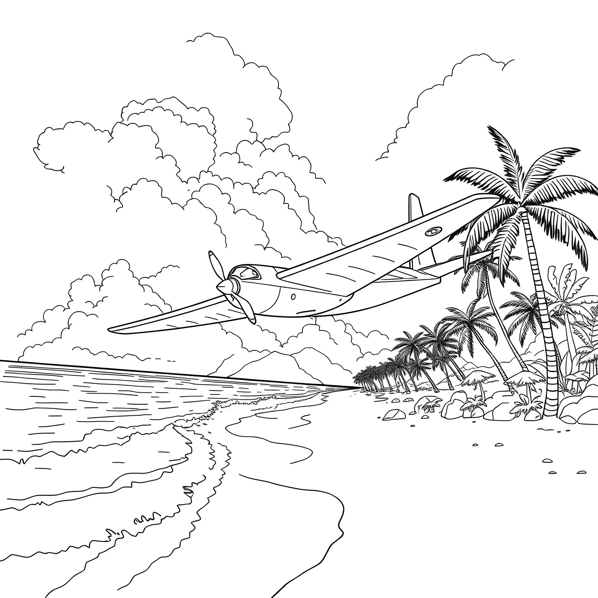 Piper soaring over tropical beach with palm trees Coloring Page (free black-and-white line drawing printable PDF for all, from beginners to advanced learners, including children, teens, adults, and seniors)