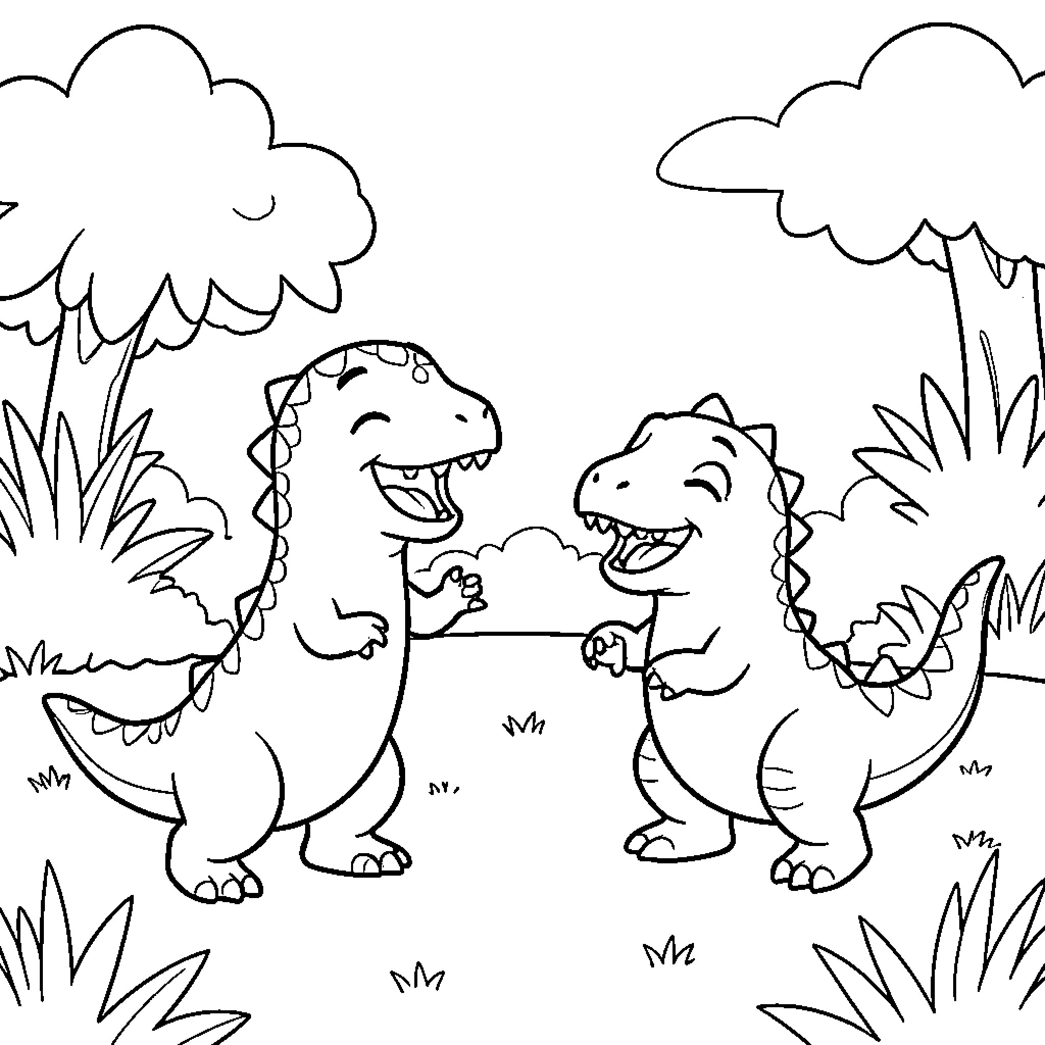 Dinosaur characters laughing together in a prehistoric landscape Coloring Page (free black-and-white line drawing printable PDF for all, from beginners to advanced learners, including children, teens, adults, and seniors)