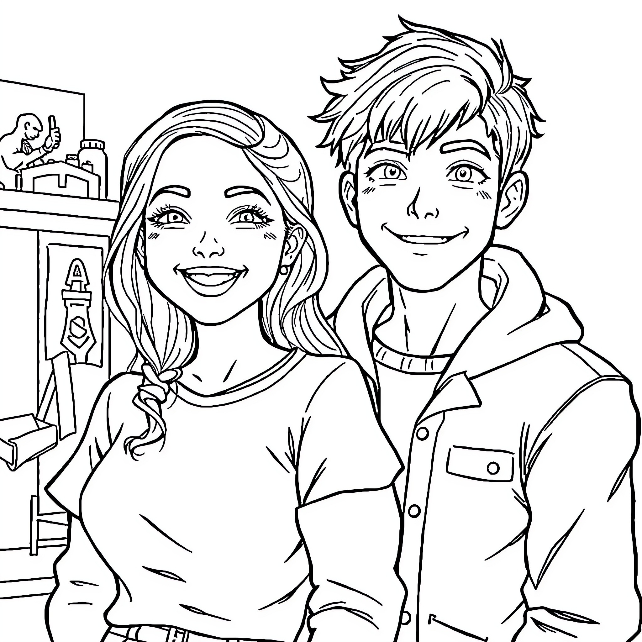 Fille and Boy Sharing a Moment in Time Coloring Page (free black-and-white line drawing printable PDF for all, from beginners to advanced learners, including children, teens, adults, and seniors)