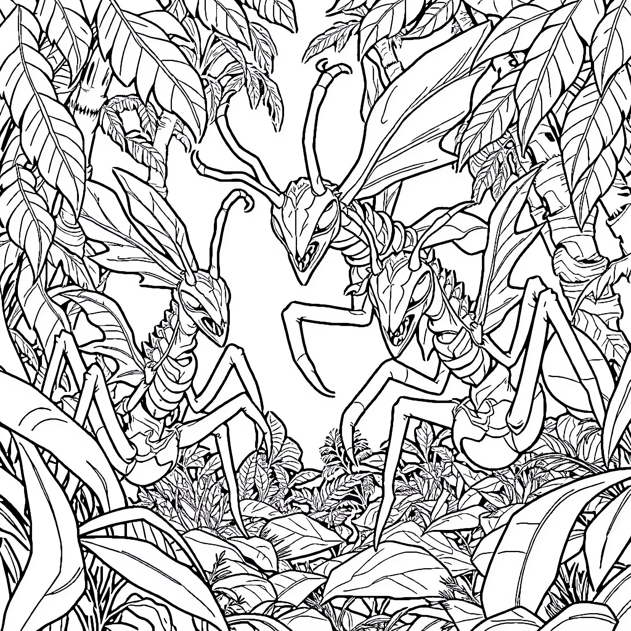Chimera Ant Creatures in Tropical Jungle Foliage Coloring Page (free black-and-white line drawing printable PDF for all, from beginners to advanced learners, including children, teens, adults, and seniors)