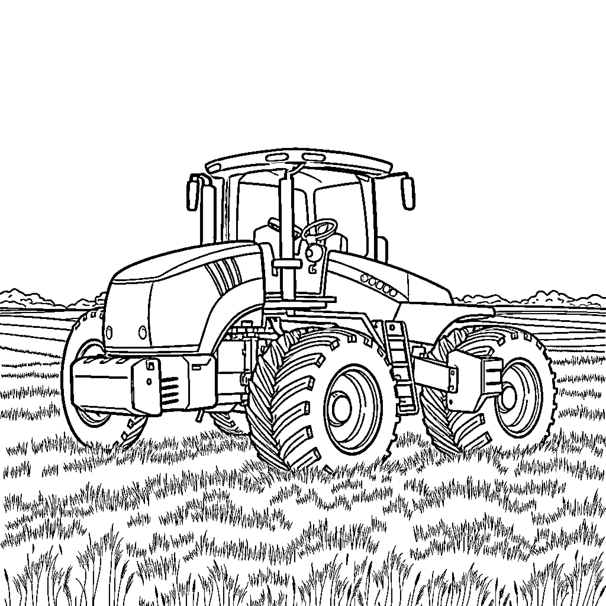 Tractor plowing through a grassy field Coloring Page (free black-and-white line drawing printable PDF for all, from beginners to advanced learners, including children, teens, adults, and seniors)