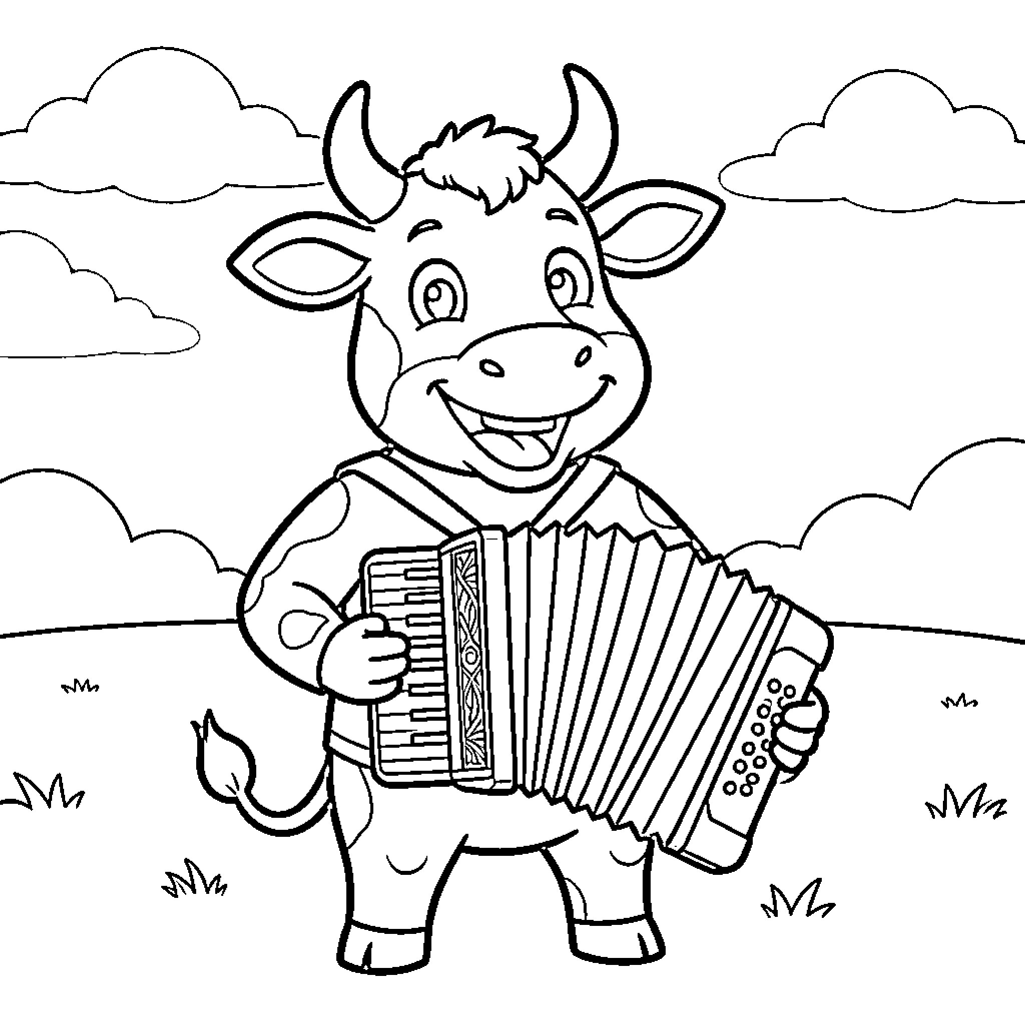 Vaca playing accordion in the countryside Coloring Page (free black-and-white line drawing printable PDF for all, from beginners to advanced learners, including children, teens, adults, and seniors)