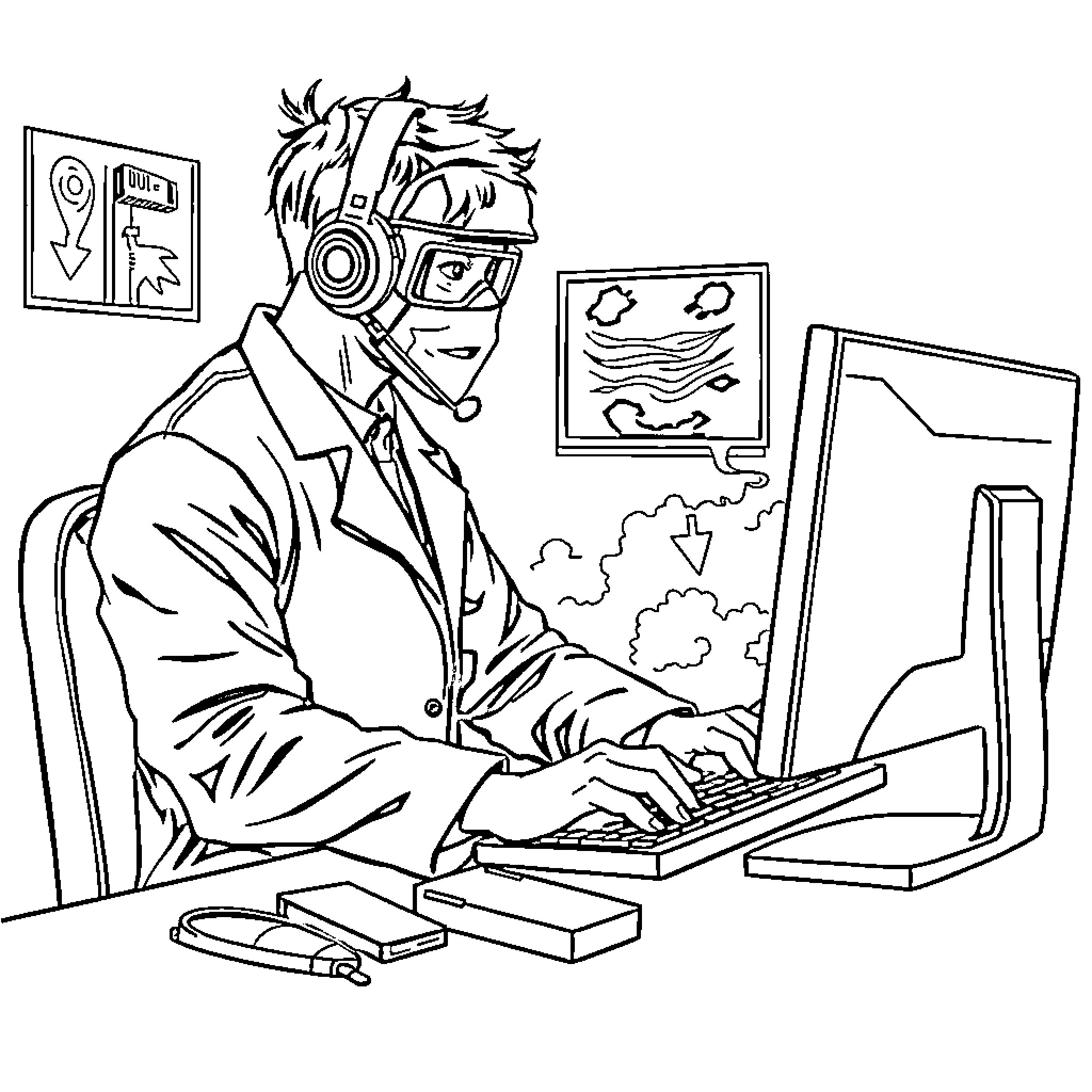 Chemist working diligently at computer workstation Coloring Page (free black-and-white line drawing printable PDF for all, from beginners to advanced learners, including children, teens, adults, and seniors)