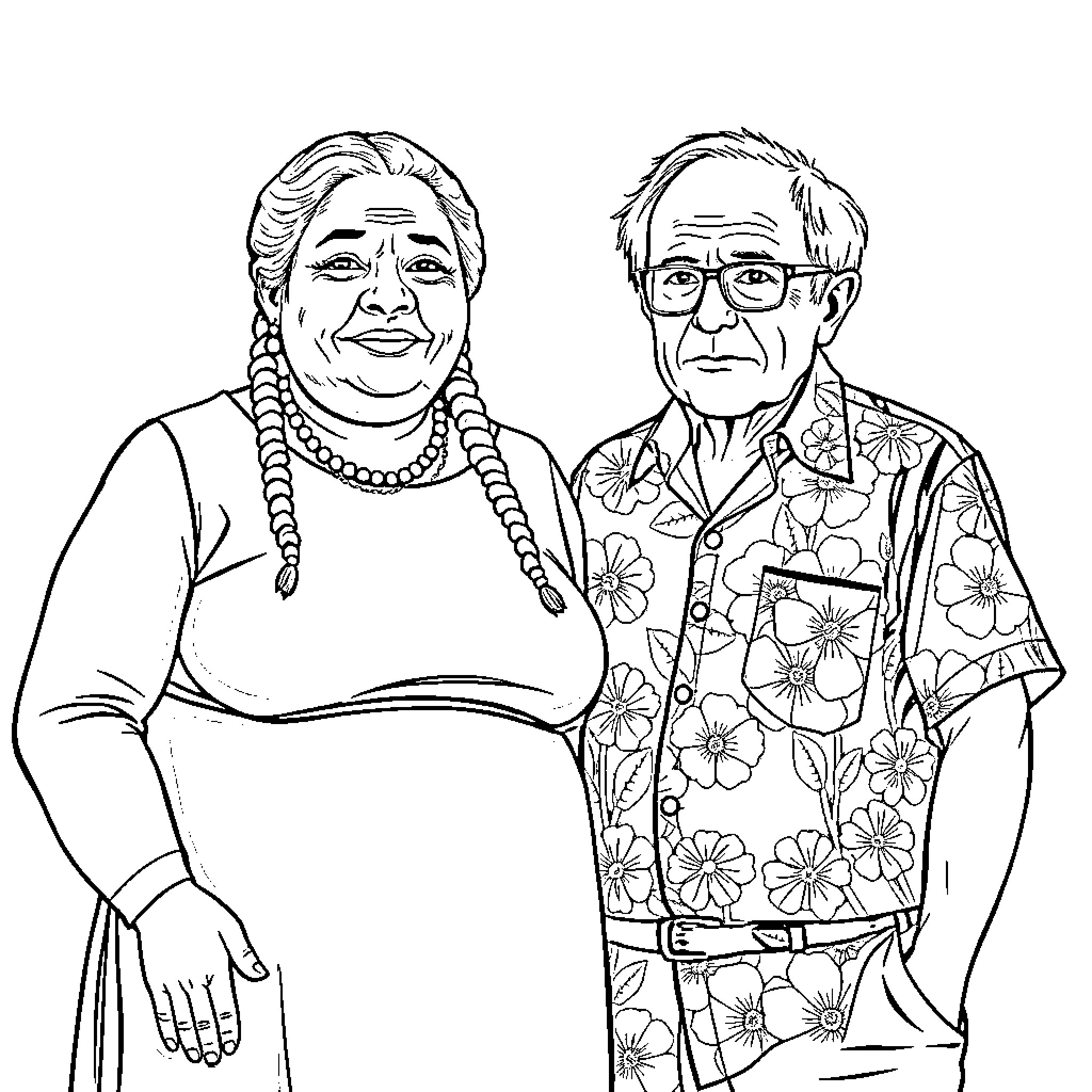Wednesday with Elderly Couple in Casual Outfits Coloring Page (free black-and-white line drawing printable PDF for all, from beginners to advanced learners, including children, teens, adults, and seniors)