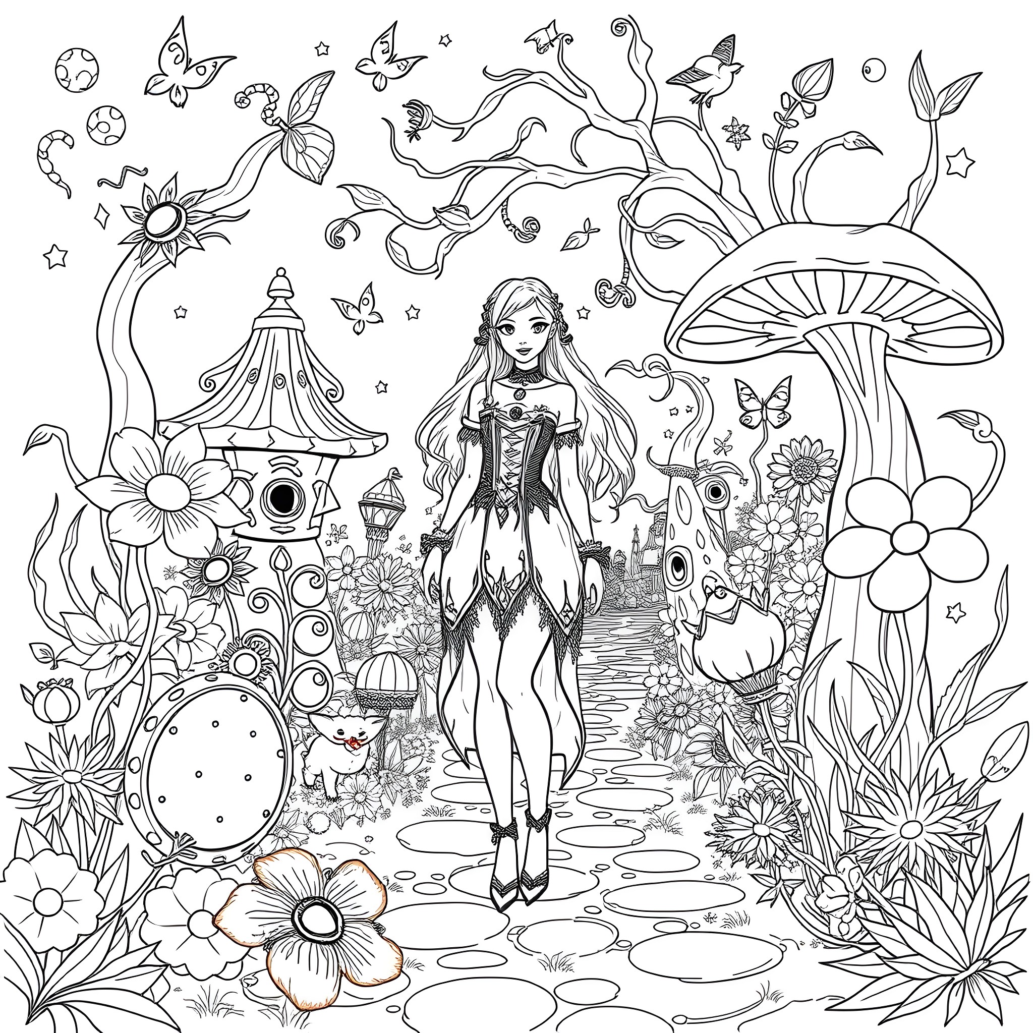 Caitlyn's Enchanted Woodland Adventure Coloring Page (free black-and-white line drawing printable PDF for all, from beginners to advanced learners, including children, teens, adults, and seniors)