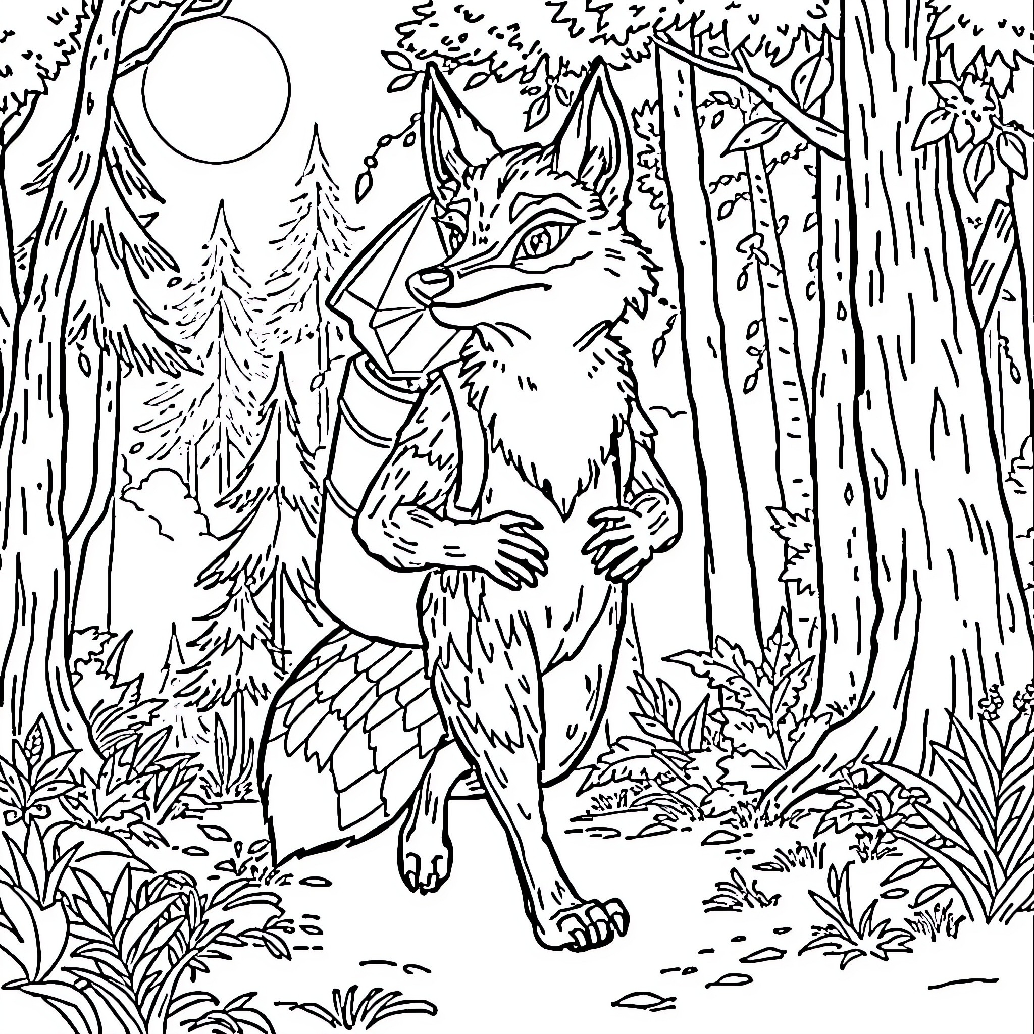 Wolf in the enchanted forest Coloring Page (free black-and-white line drawing printable PDF for all, from beginners to advanced learners, including children, teens, adults, and seniors)