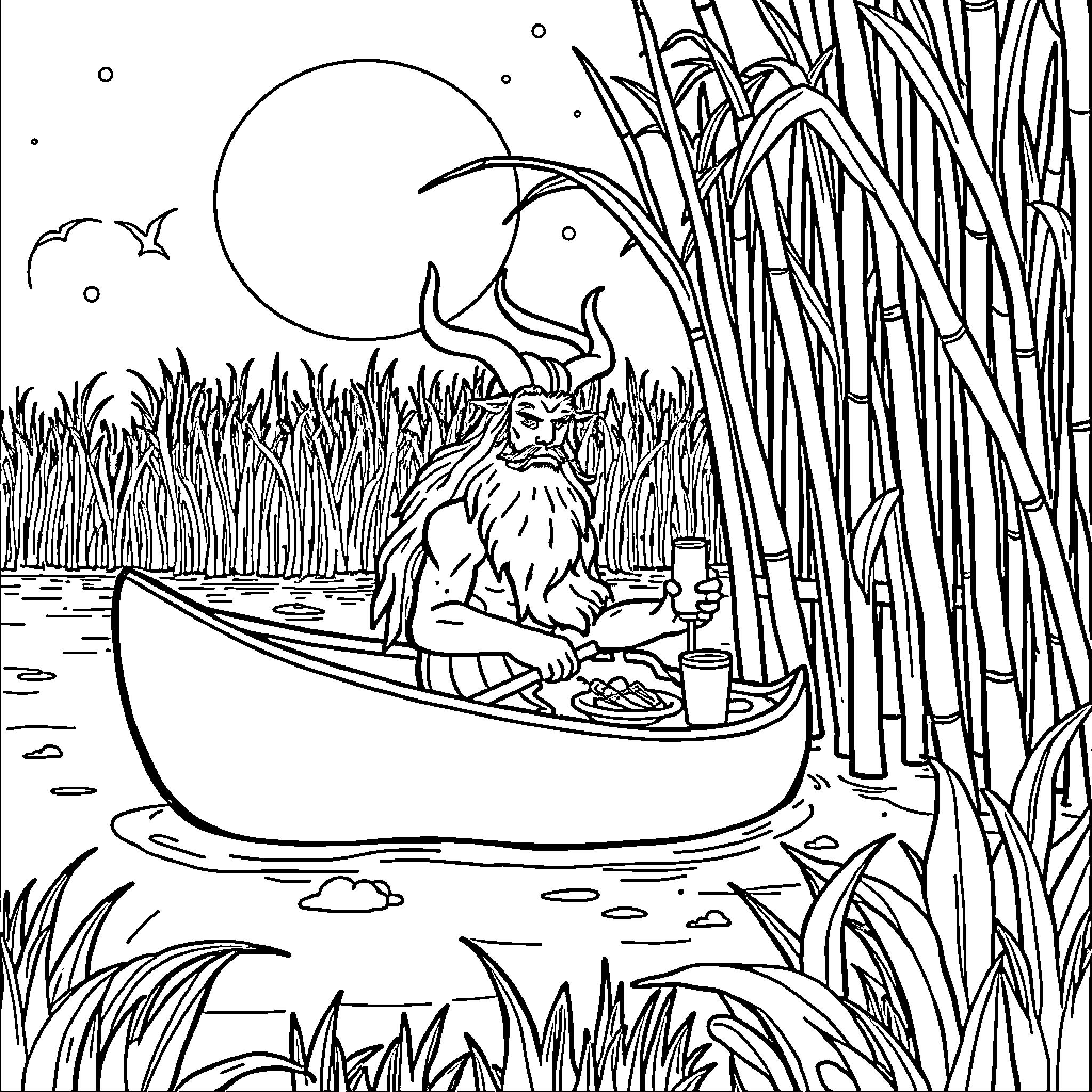 Kayak adventure in the serene moonlit pond Coloring Page (free black-and-white line drawing printable PDF for all, from beginners to advanced learners, including children, teens, adults, and seniors)